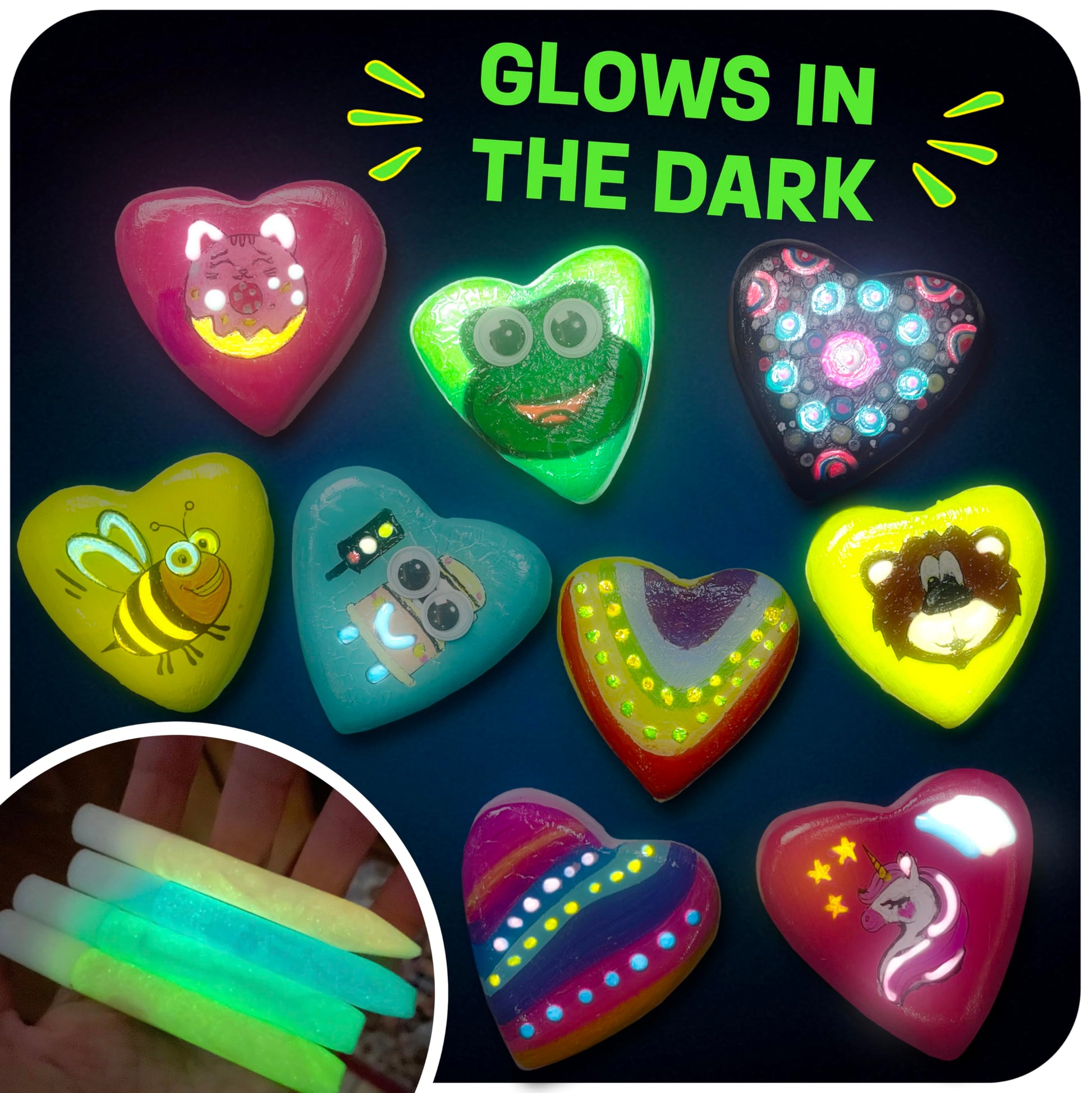 Hearts Rock Painting Kit for Kids Girls - Glow in Dark Art Supplies Ages 4-12 - Complete STEM Craft Set with Puffy Paint Stickers Gems Paints