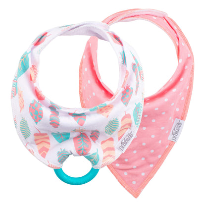 Dr. Brown's Super Soft & Absorbent Baby Bandana Bib with Snap-On Teether, 3m+, 2-Pack, Feathers & Dots