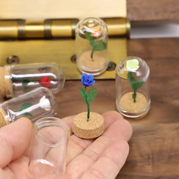 1/6 Dollhouse Miniature Rose with Glass Dome, Faux Flowers, Mini Rose Flowers, Miniature Valentine's Gift, for Dollhouse Miniatures Fairy Garden