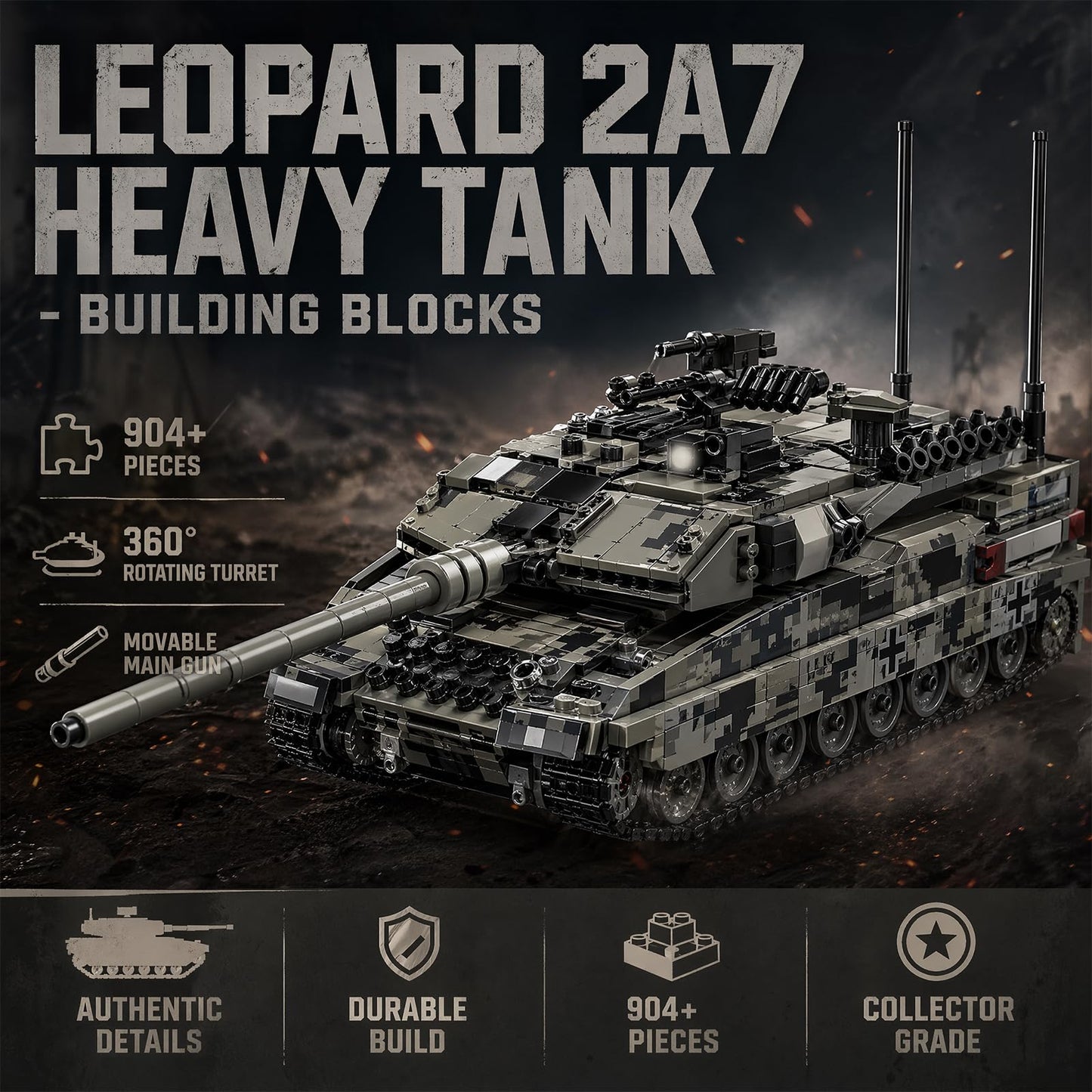 Myth Qholve Leopard 2A7 Heavy Tank Building Blocks Set, 904 PCS, Realistic Military Model with 360° Rotating Turret, Elevating Gun, Smoke Grenade