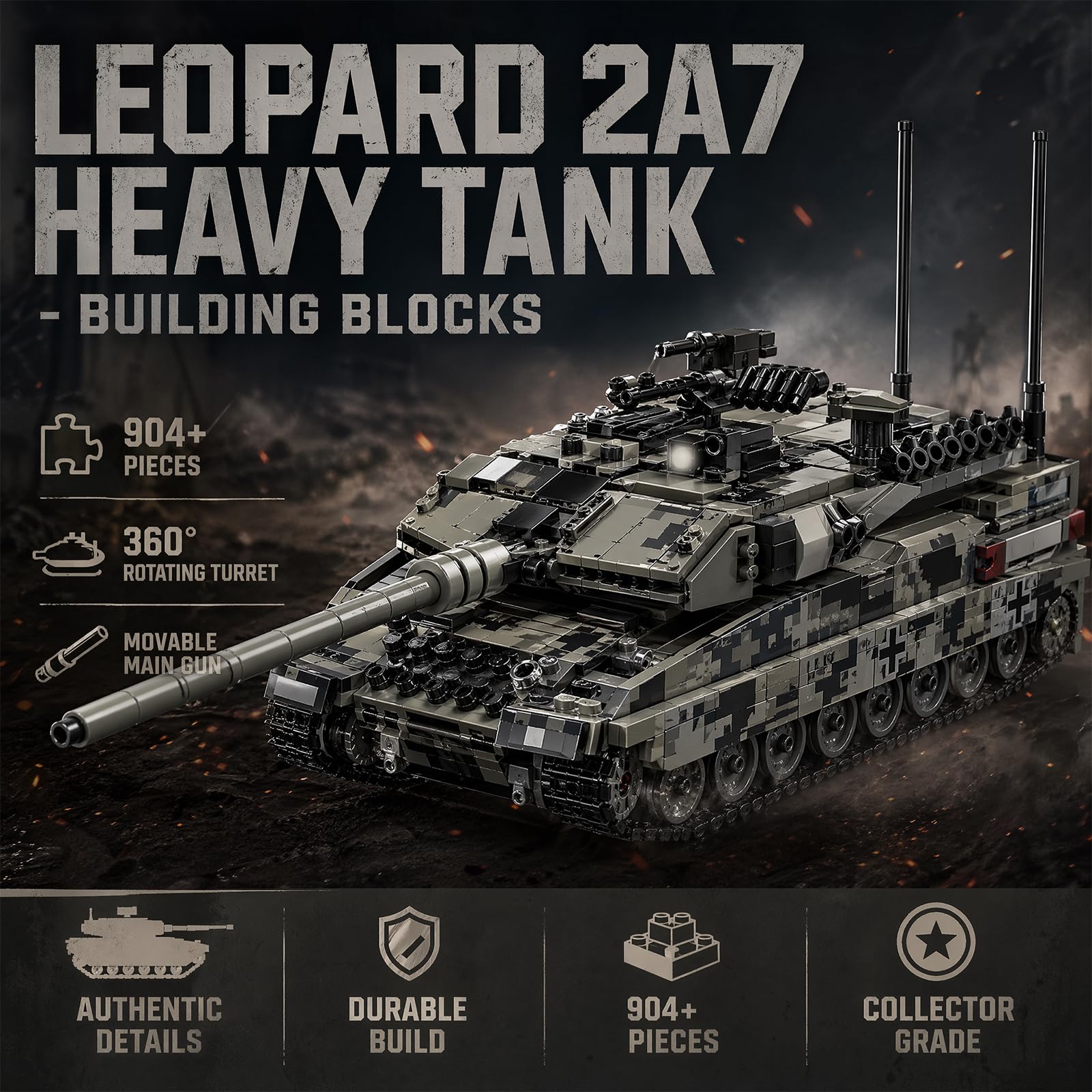 Myth Qholve Leopard 2A7 Heavy Tank Building Blocks Set, 904 PCS, Realistic Military Model with 360° Rotating Turret, Elevating Gun, Smoke Grenade
