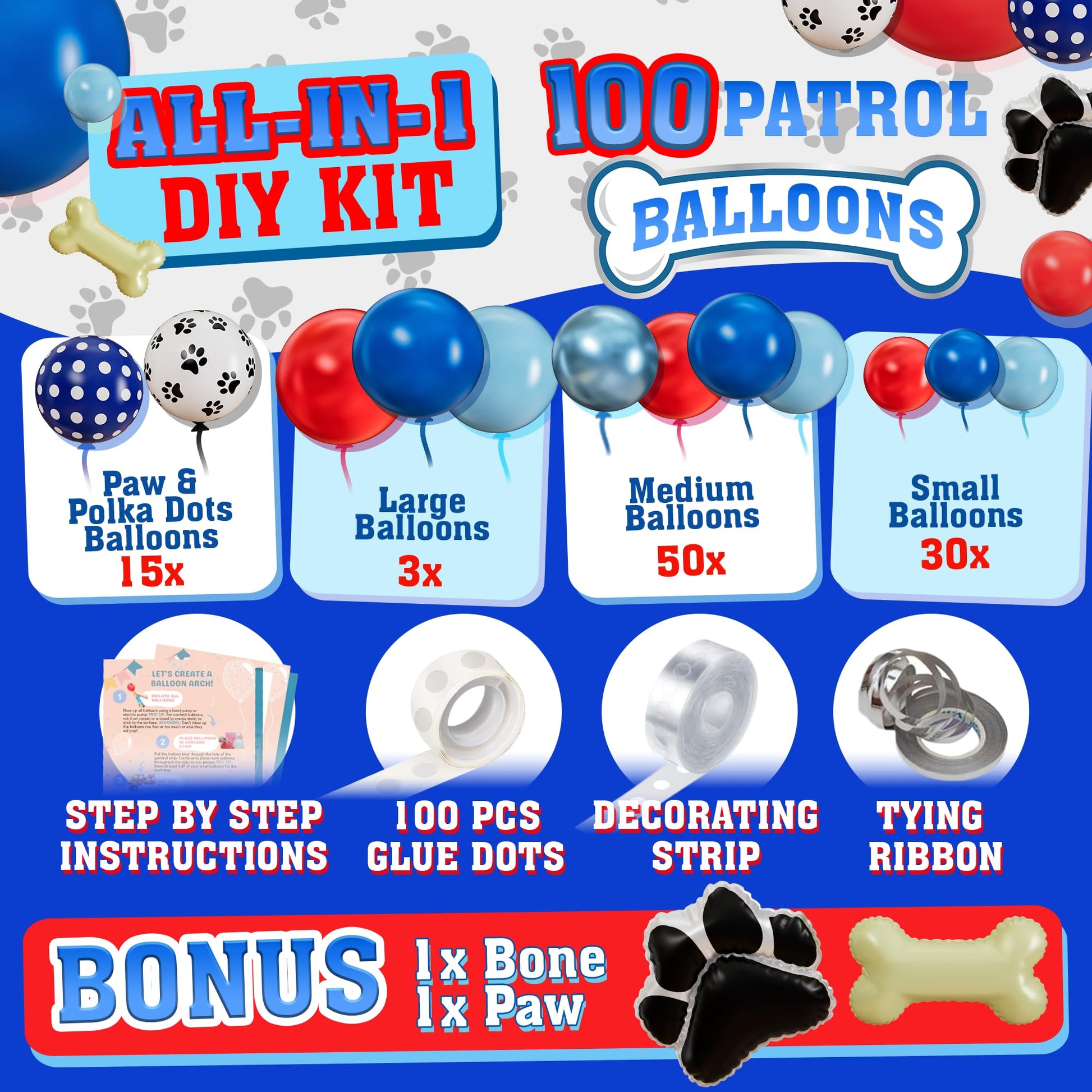 ALL-IN-1 Paw Balloon Arch & Garland Kit with BONUS Dog Bone - Small and Large Red, Dark Blue Paw Balloons - Paw Birthday Party Decorations & Supplies