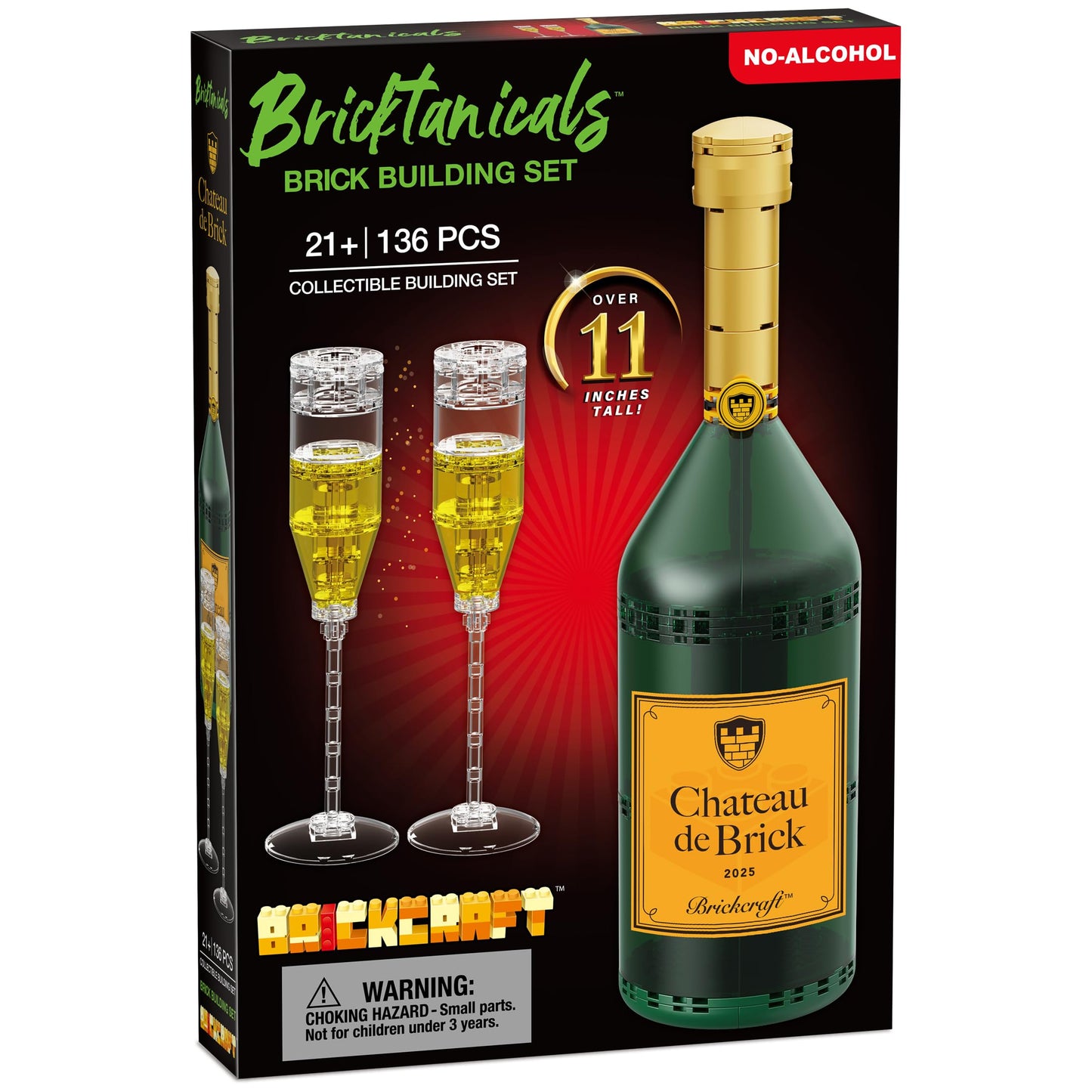 Brickcraft Champagne Bottle and Glasses Building Set,136 Piece Collectible Block Kit, 11 Inch Tall Display Bottle with Two Flutes Romantic Valentines