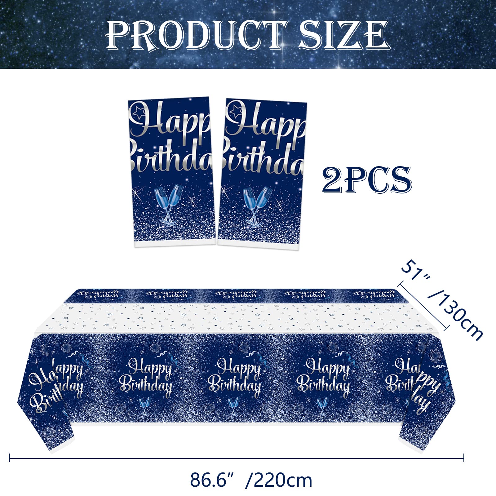 QUERICKY 2 Pack Navy Blue and Silver Happy Birthday Tablecloths, 51x87'' Plastic Disposable Rectangle Table Cover for Men Women Boys Girls Birthday