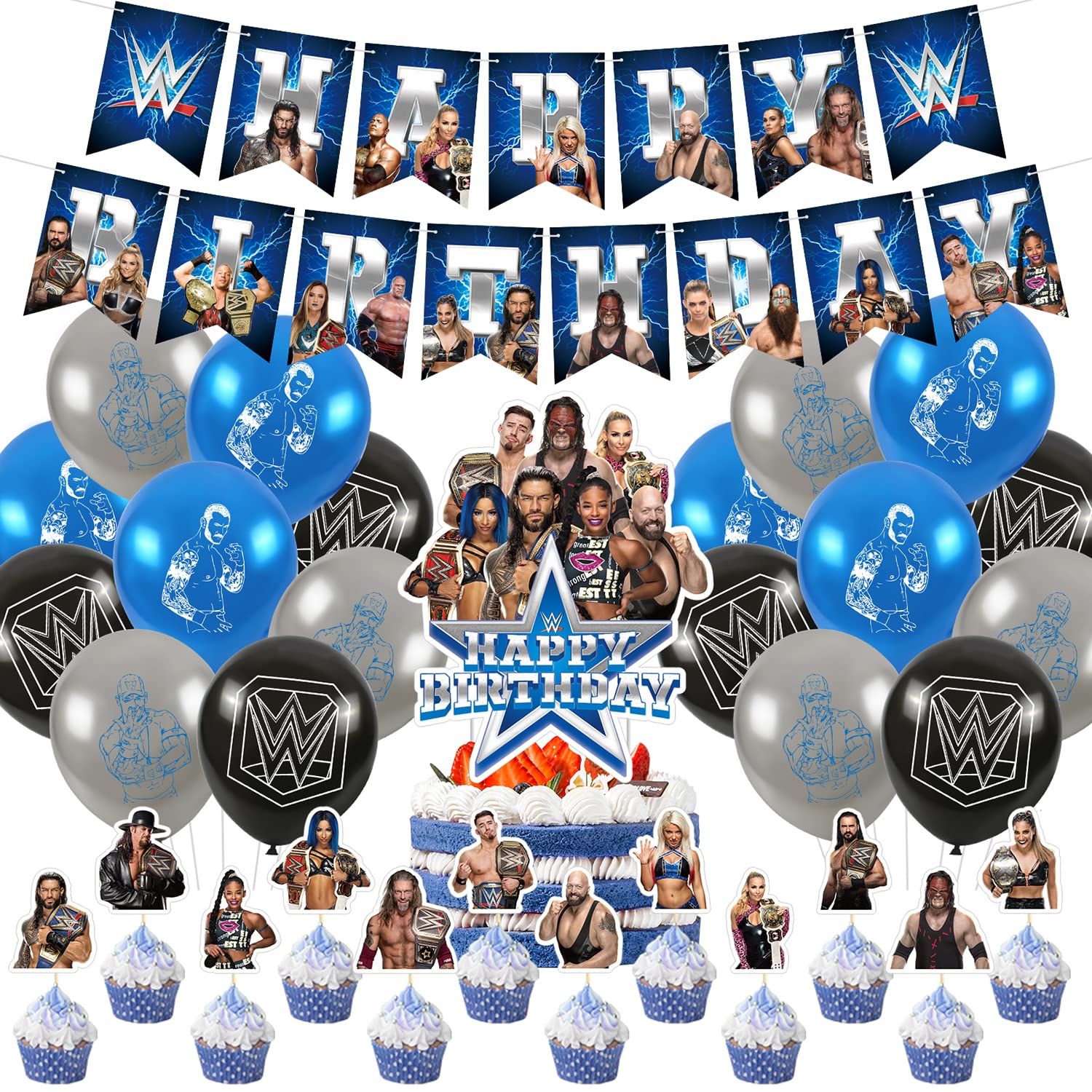 Wrestling Birthday Party Decorations Supply Set for Kids with Happy Birthday Banner, Cake Topper, Cupcake Toppers, Balloons for Party Decorations
