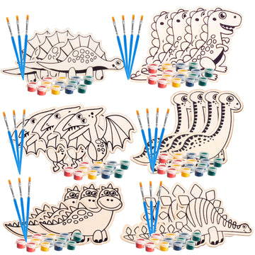 SCS Direct Wood Painting Craft Kit 20 Pack- Summer Arts & Crafts Gifts for Kids - Each Dinosaur Painting Set Comes w/Brush & Paint - Great