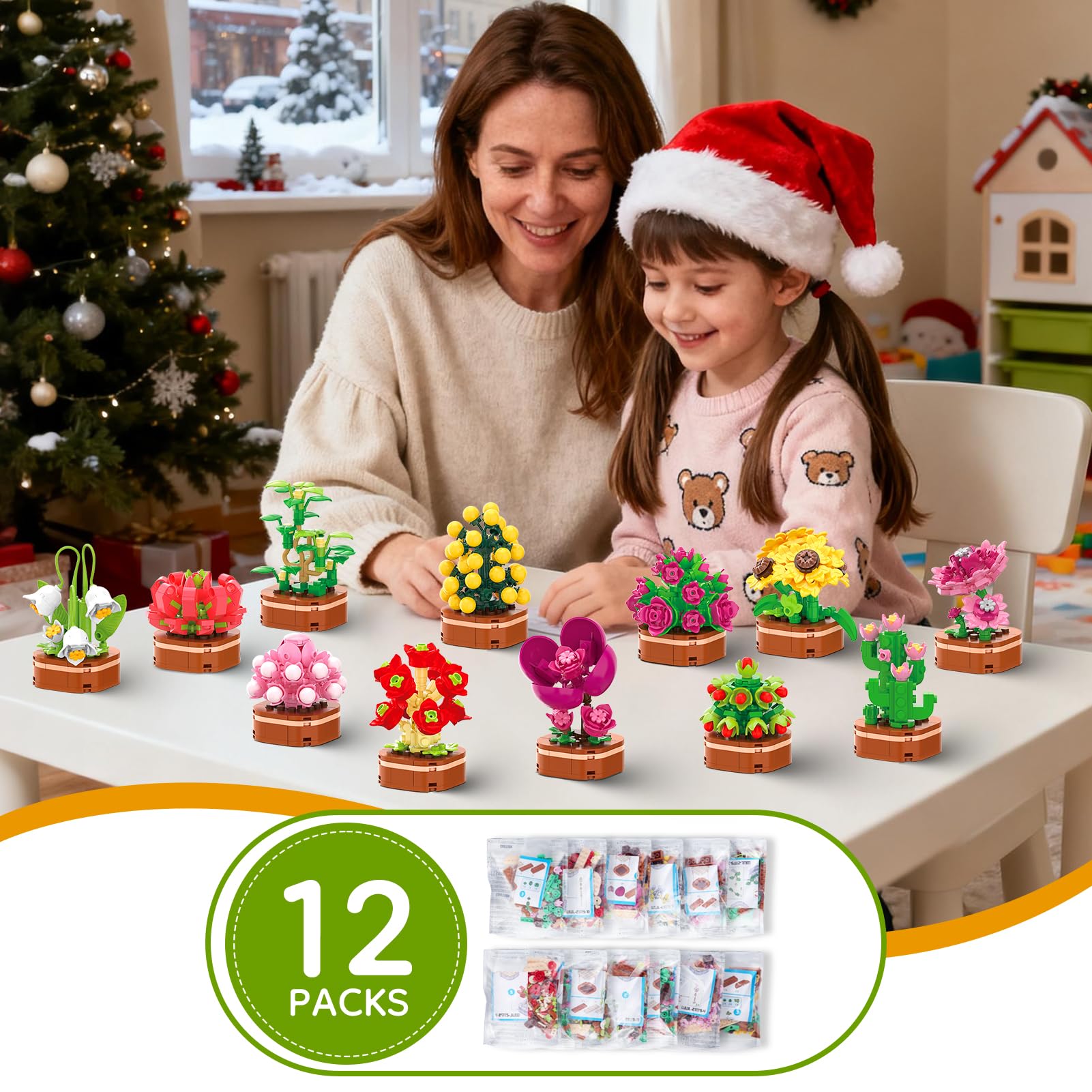 12 Pack Flowers Succulent Party Favors for Kids Building Set, 1001 Pcs Botanical Bonsai DIY Creative Mini Building Blocks for Kids, Artistic Floral
