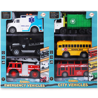 Playkidiz Toy Cars for Toddlers - 6Pcs Pull Back Cars Toys with Light and Sounds, City and emergency vehicles set, Including Police Car, Fire Truck