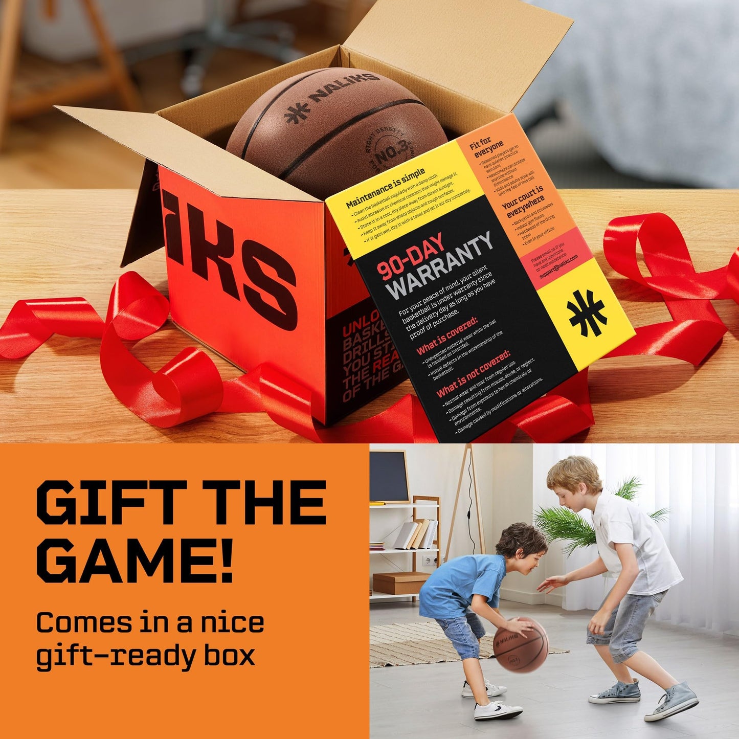 NALIKS Silent Basketball Size 3, 22” - Airless Indoor Basketball | Gift Box Included, Pro PU Foam Basket Ball, for Quiet Dribbling Indoor, Real