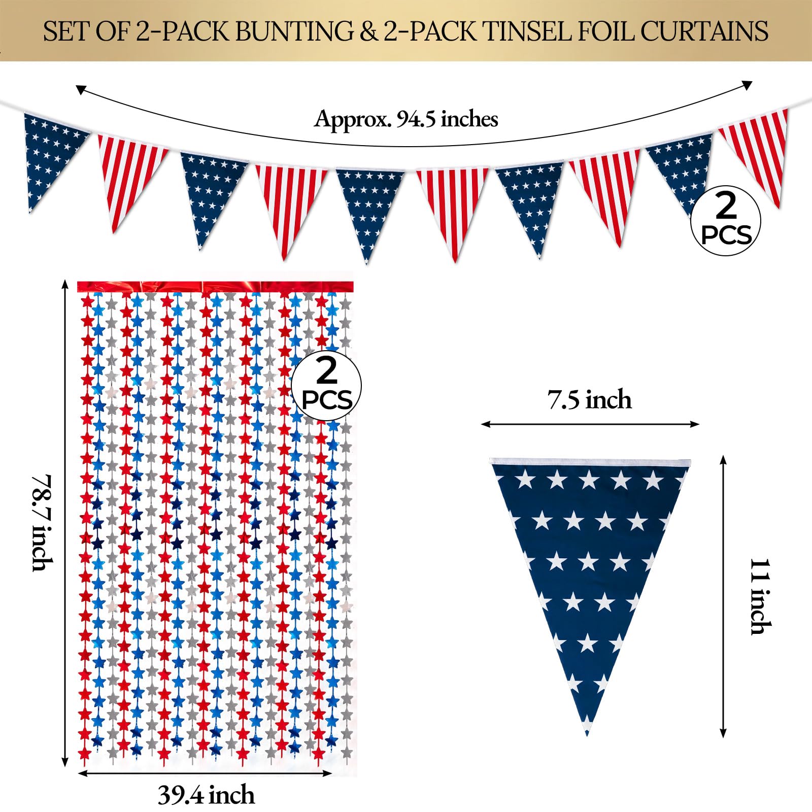 4 Pack Red White Blue Star Party Decoration Set, 2 Pack 3.3ft x 6.6 ft Star Foil Fringe Tinsel Streamer Curtain Backdrop + 2 USA Flag Pennant Banner