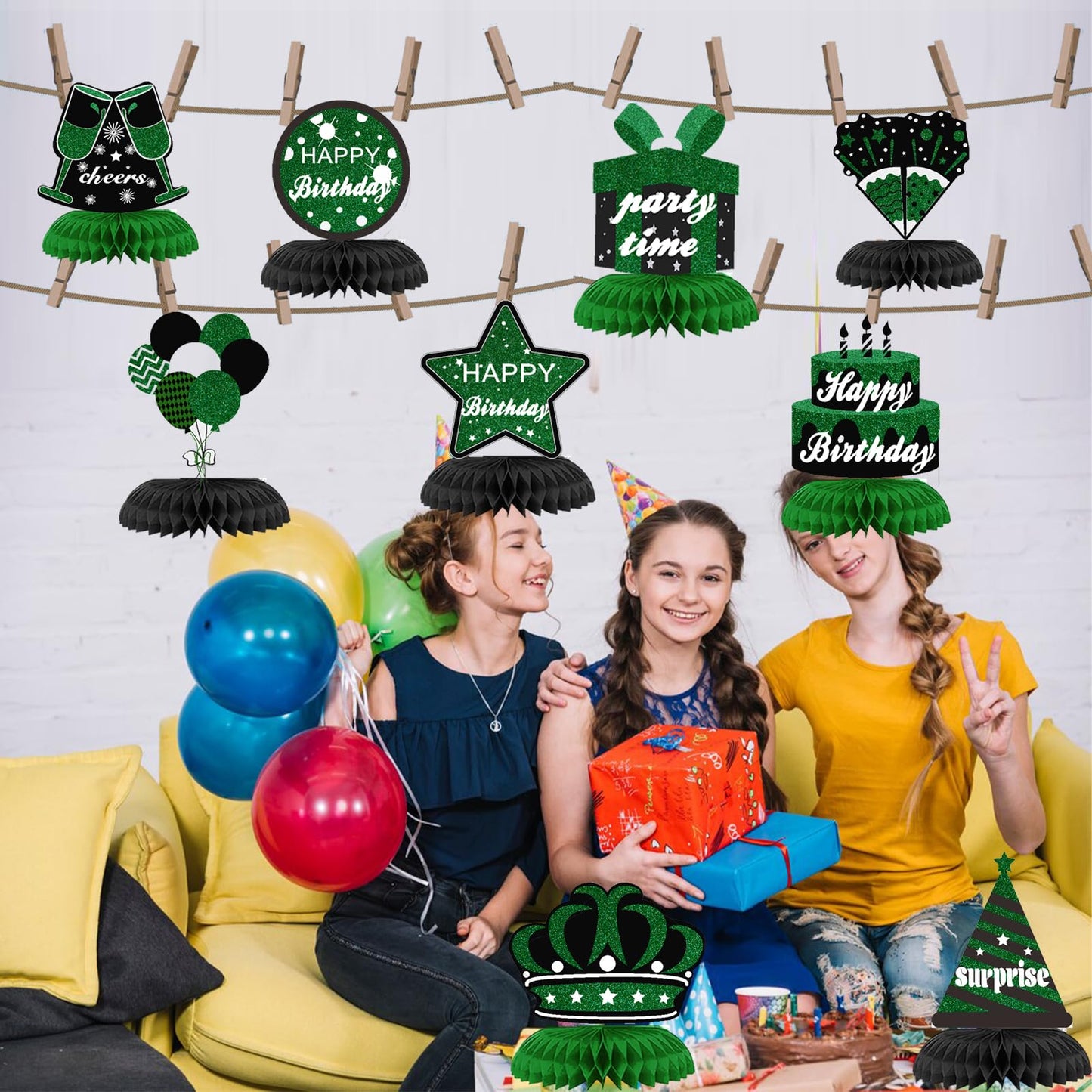 WINPOGEE 9PCS Green Black Birthday Decorations Honeycomb Centerpieces for Women Men Green Black Happy Birthday Table Centerpieces Party Supplies 16th