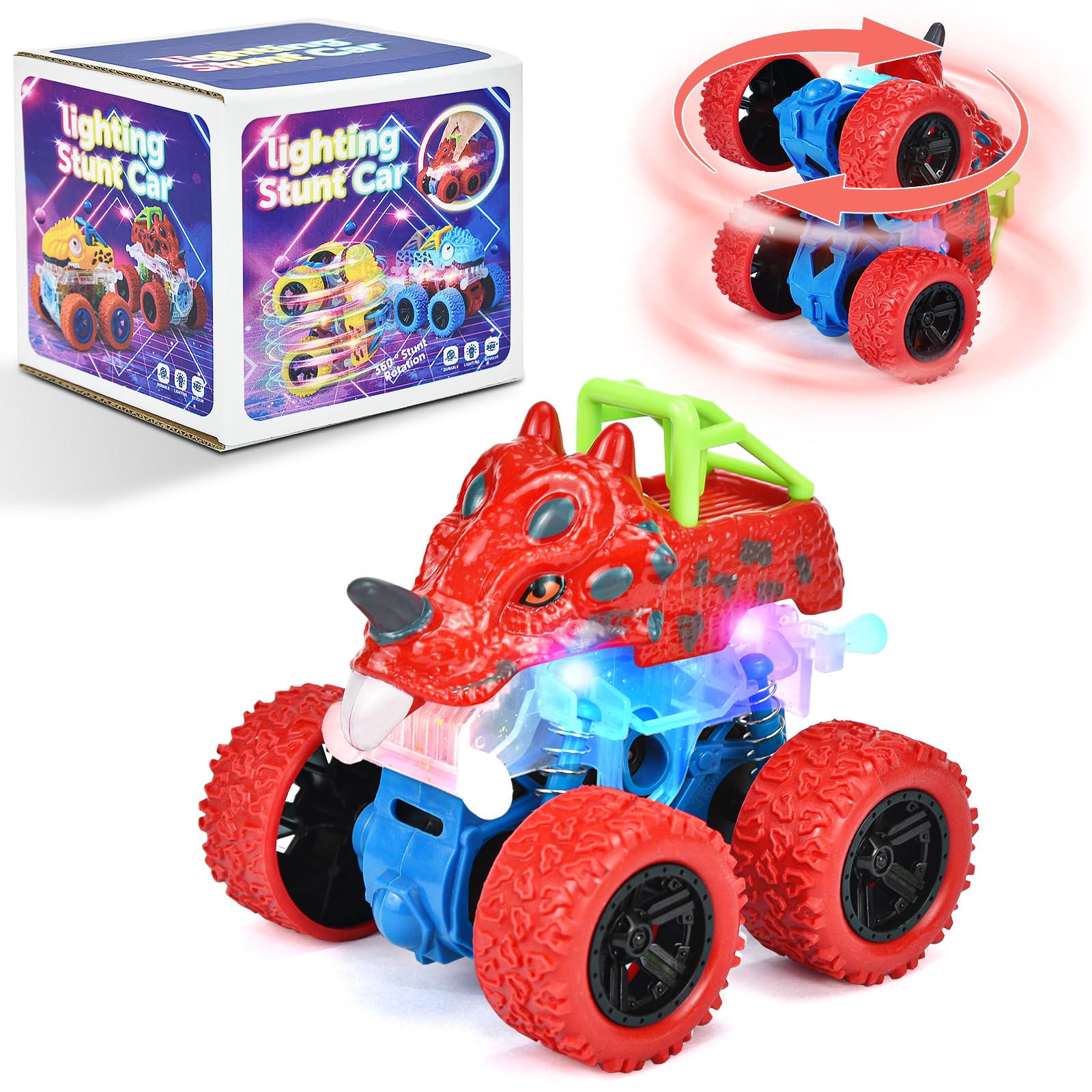 TQBYNJ Dinosaur Toy Gift for 2 Years Old Boys, Pull Back Monster Truck Toy Car, 360° Stunt Car for 2-5 Years Old Toddler, Christmas Birthday Party