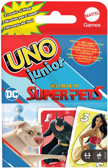 Mattel Games UNO Junior DC League of Superpets Card Game for Kids with Simple Rules, 3 Levels of Play & Animal Matching