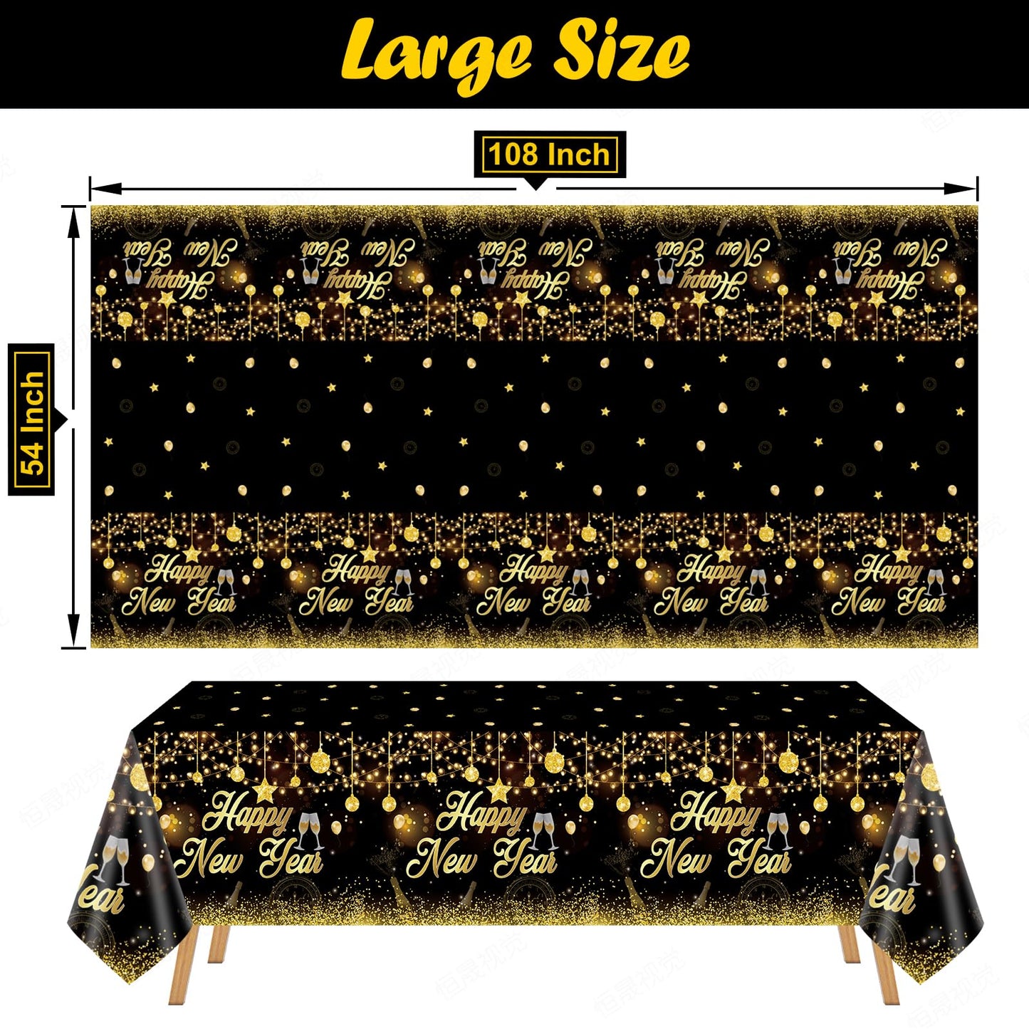 Tudniky Happy New Year Plastic Tablecloth, 2026 Disposable Table Cover, Plastic Table Clothes for Parties Decorations Supplies(108”L X 54”W, Black)
