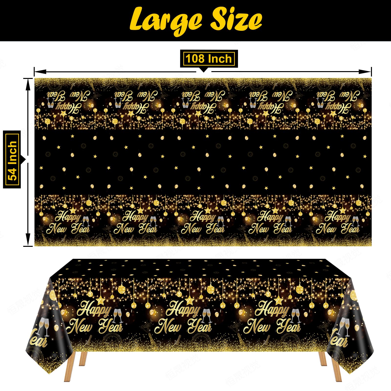 Tudniky Happy New Year Plastic Tablecloth, 2026 Disposable Table Cover, Plastic Table Clothes for Parties Decorations Supplies(108”L X 54”W, Black)