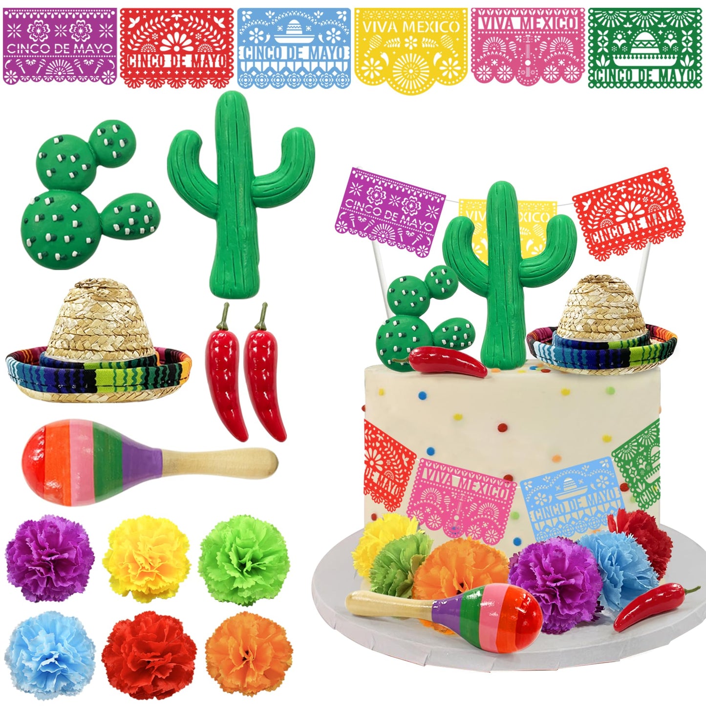 25 PCS Mexican Fiesta Cake Topper Mini Mexican Papel Picado Banner Cactus Pepper Sombrero and Flower Cake Decor for Mexican Themed Party Decorations