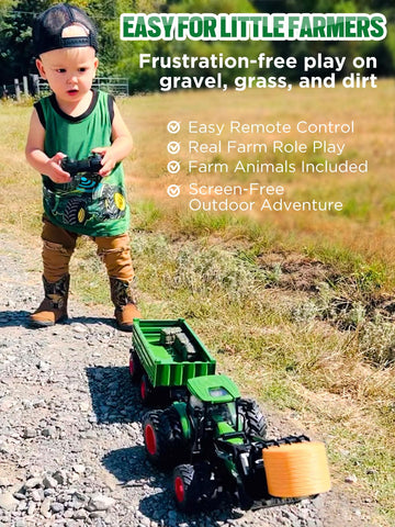 Remote Control Tractor Toys for Boys | Metal Hood & 8 Rubber Tires, 1:24 Scale 2.4 GHz RC Truck Farm Vehicle Playset with Detachable Trailer, Front