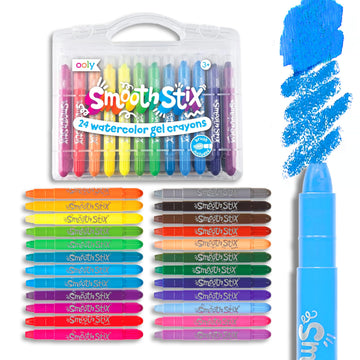 Ooly Smooth Stix Gel Crayons for Kids and Adults with Paint Brush - Set of 24 Watercolor Rainbow Crayons for Glass and Paper with Case, Twist-Up Gel