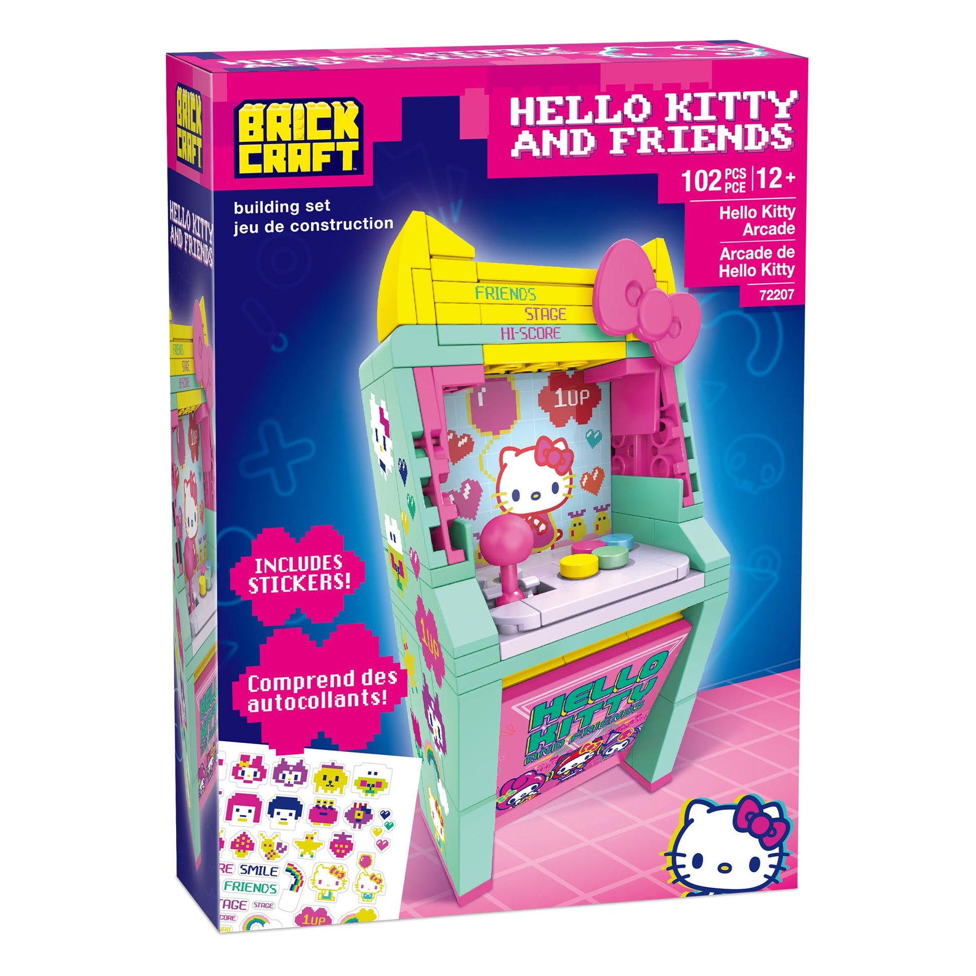 Brickcraft Hello Kitty and Friends Arcade Building Set, 102 PCS Toy Kit for Ages 12+, Retro Video Game Machine Model with Stickers, Cute Collectible