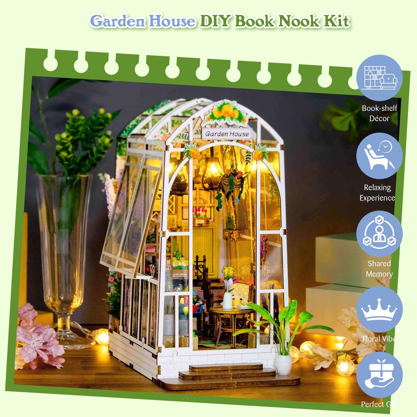 DIY Book Nook, Miniature House Kit with LED Lights (Garden House)