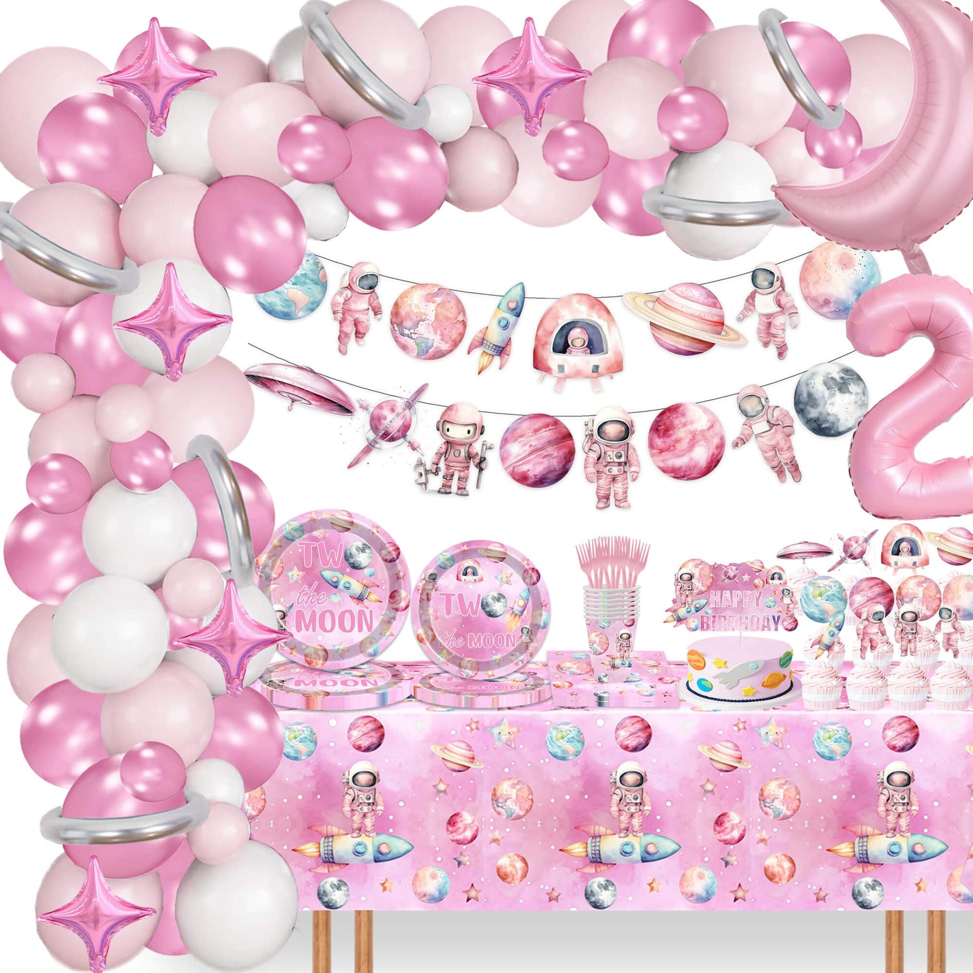 4 Pieces Outer Space Girls Birthday Table Cloth 54'' x 108'' Pink Space Table Covers for Astronauts Theme Girls Baby Shower 1st 2nd 3rd 4th 5th