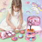 Unicorn Tea Party Set for Girls, Pretend Play Toy with Pink Tin Teapot, 4 Cups & Plates, Portable Carrying Case, Educational Gift for Toddlers Ages 3