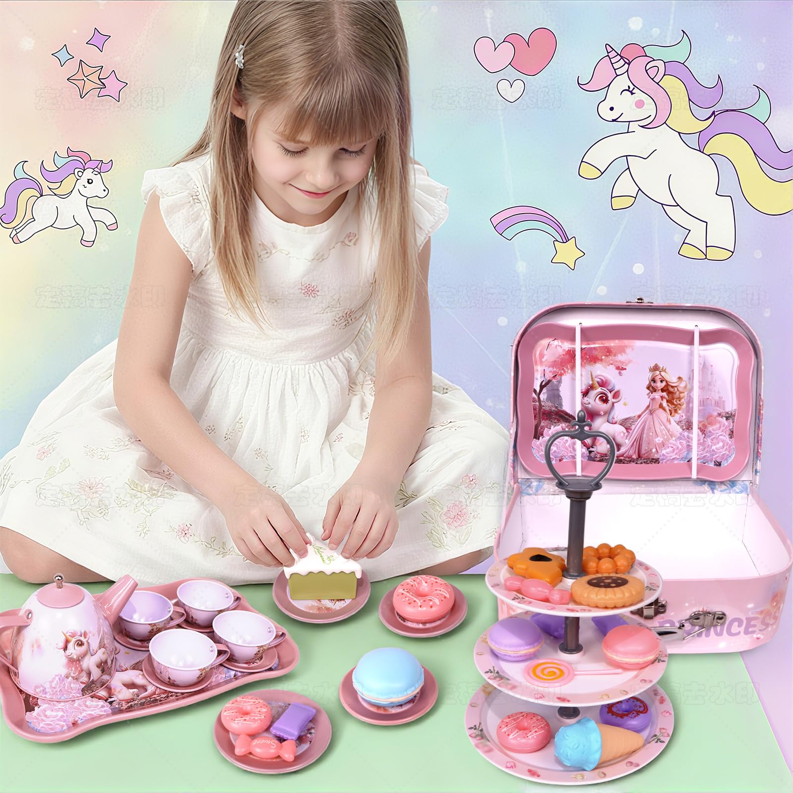 Unicorn Tea Party Set for Girls, Pretend Play Toy with Pink Tin Teapot, 4 Cups & Plates, Portable Carrying Case, Educational Gift for Toddlers Ages 3