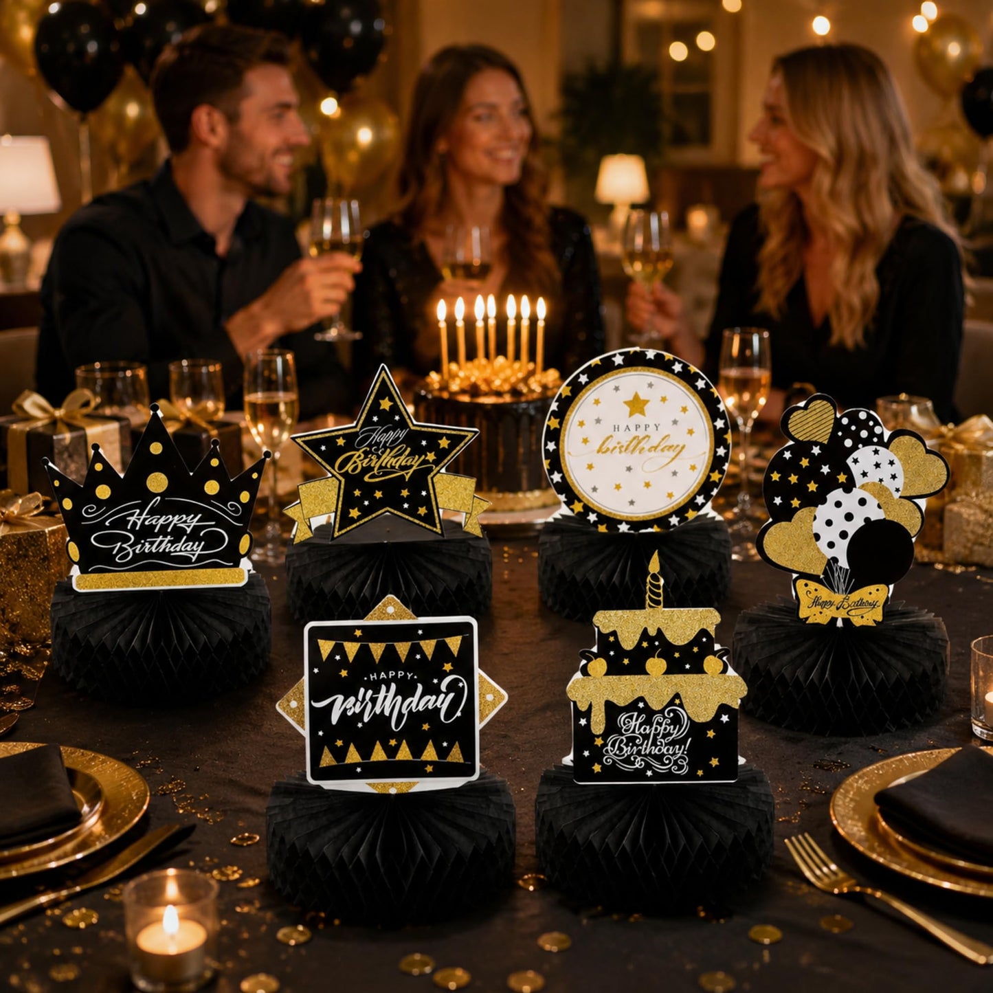 Skylety 6 Pcs Black and Gold Birthday Party Decorations Honeycomb Happy Birthday Centerpieces for Table Reusable Elegant Black Gold Table Toppers
