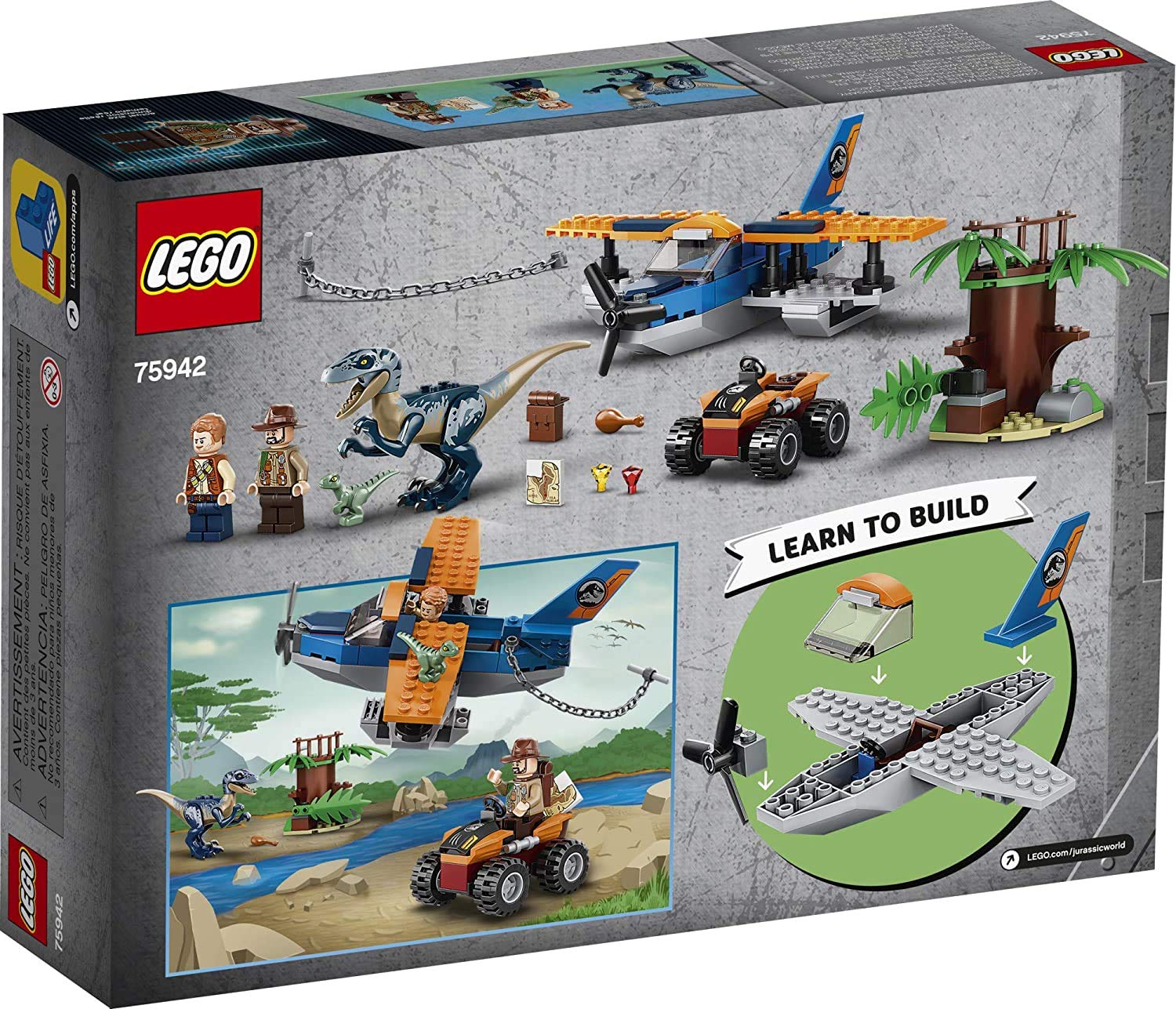 LEGO Jurassic World Velociraptor: Biplane Rescue Mission 75942, Dinosaur Toy for Preschool Kids, Featuring a Buildable Plane Toy, Posable