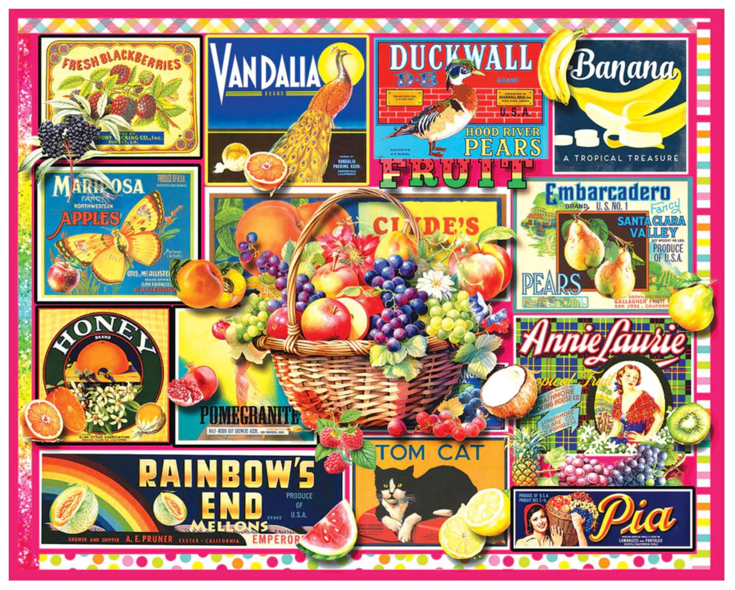 White Mountain 1000 Piece Jigsaw Puzzle Vintage Label Collage, Fruit Basket