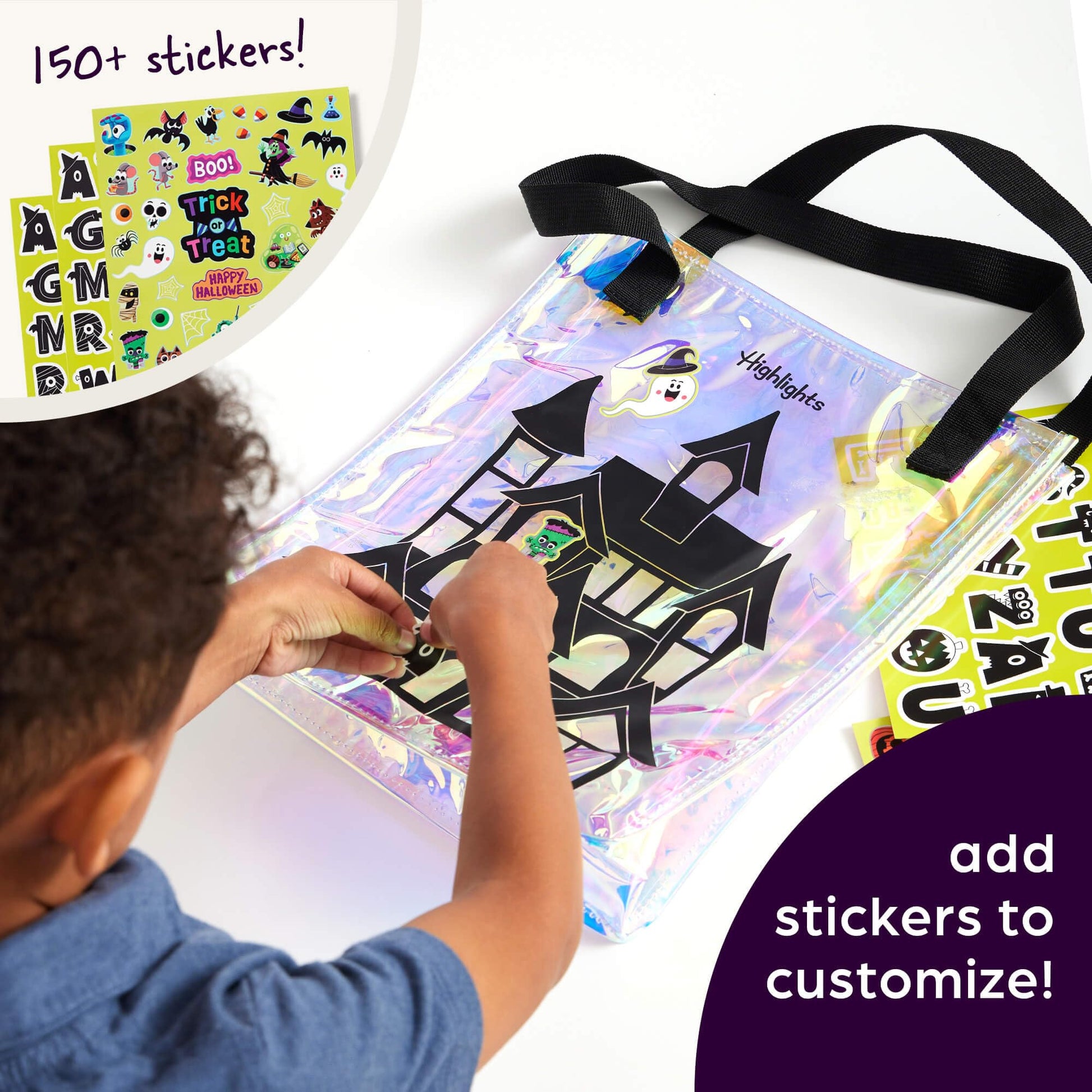 Highlights Halloween Craft and Book Bundle for Kids Ages 3-6, Customize a Glow-in-The-Dark Trick-or-Treat Tote Bag, Halloween Puffy Sticker Playscenes