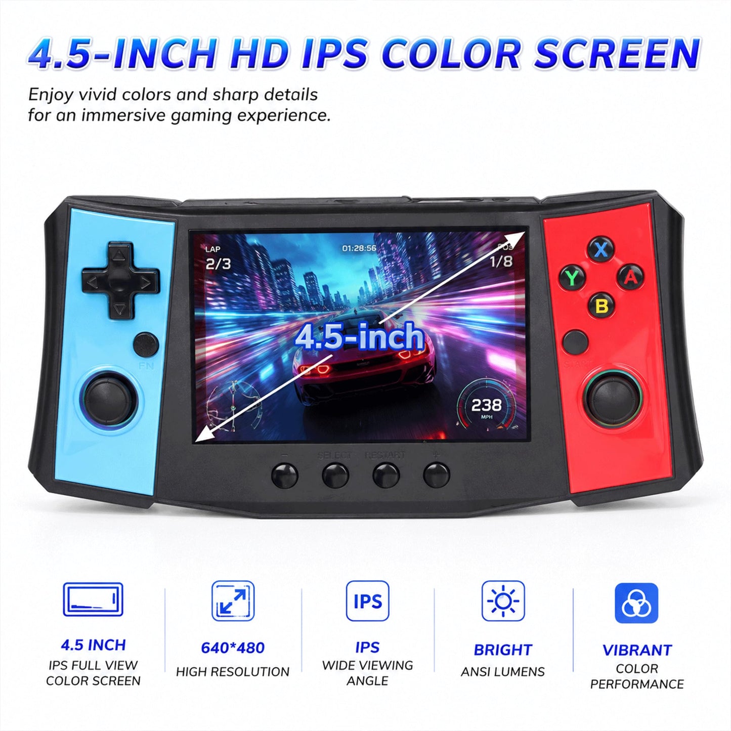 KNEELEVER Handheld Retro Game Console, 4.5 Inch IPS Screen Portable Gaming System with 256GB TF Card, Dual 3D Joysticks, RGB Light Rings, USB-C