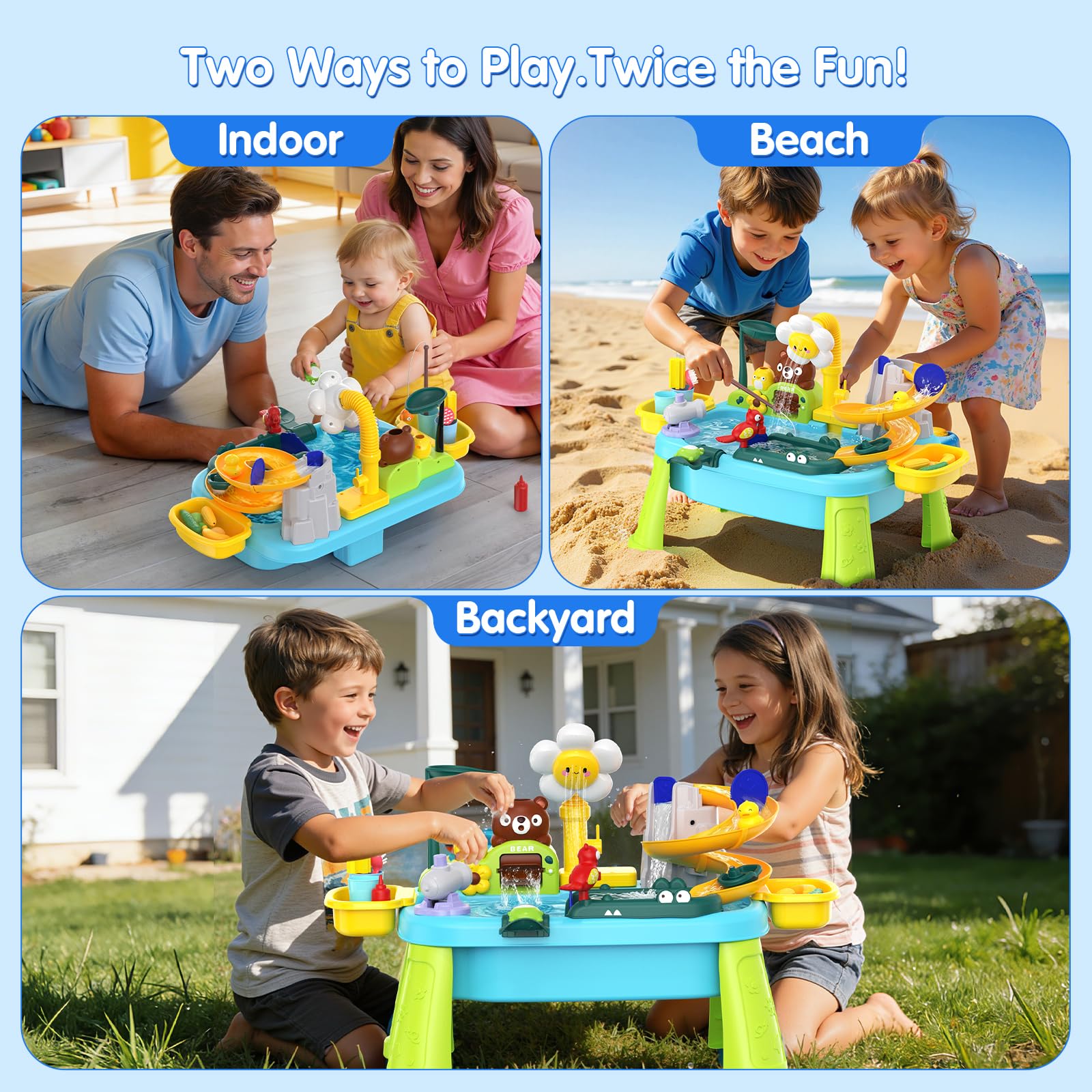 Water Table for Toddlers 1-3, Outdoor Toys for Kids Ages 4-8 with Pump, Kitchen Play Sink with Running Water, Fishing Toys Playset, Summer Outside