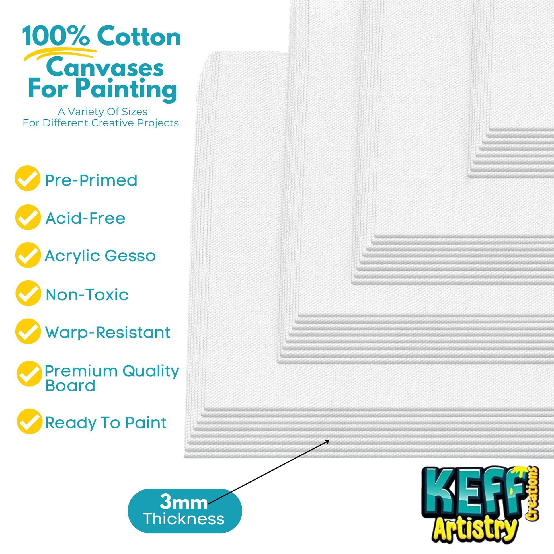 KEFF 32-Pack Bulk Canvas for Painting, 8 of 5x7, 8x10, 9x12, 11x14 Canvas Boards for Painting, Art Supplies for Adults & Kids - 100% Cotton Primed