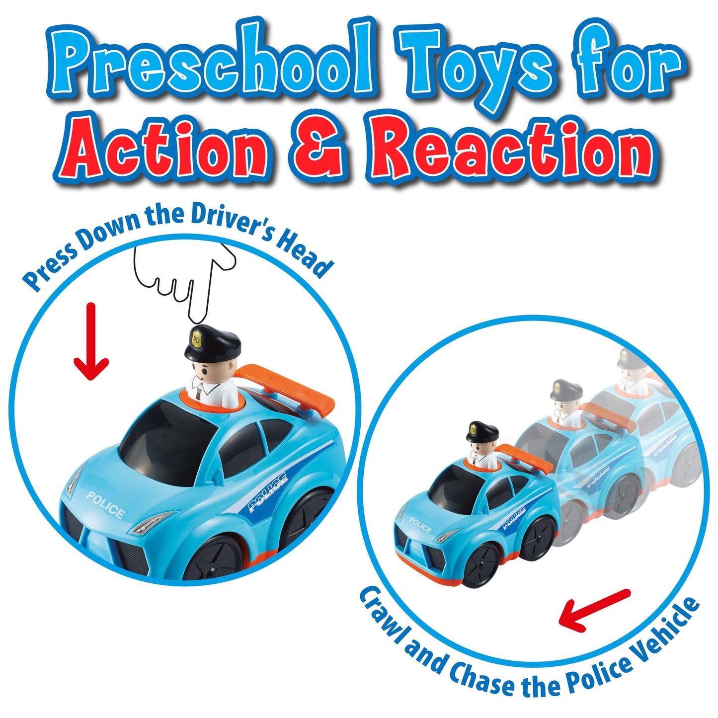Small World Toys Police Car Toy, Interactive Press-to-Go Police Cars for Toddlers 1-3, Pretend Play Rescue Vehicle, Polices Toy Gifts for Boys, Cop