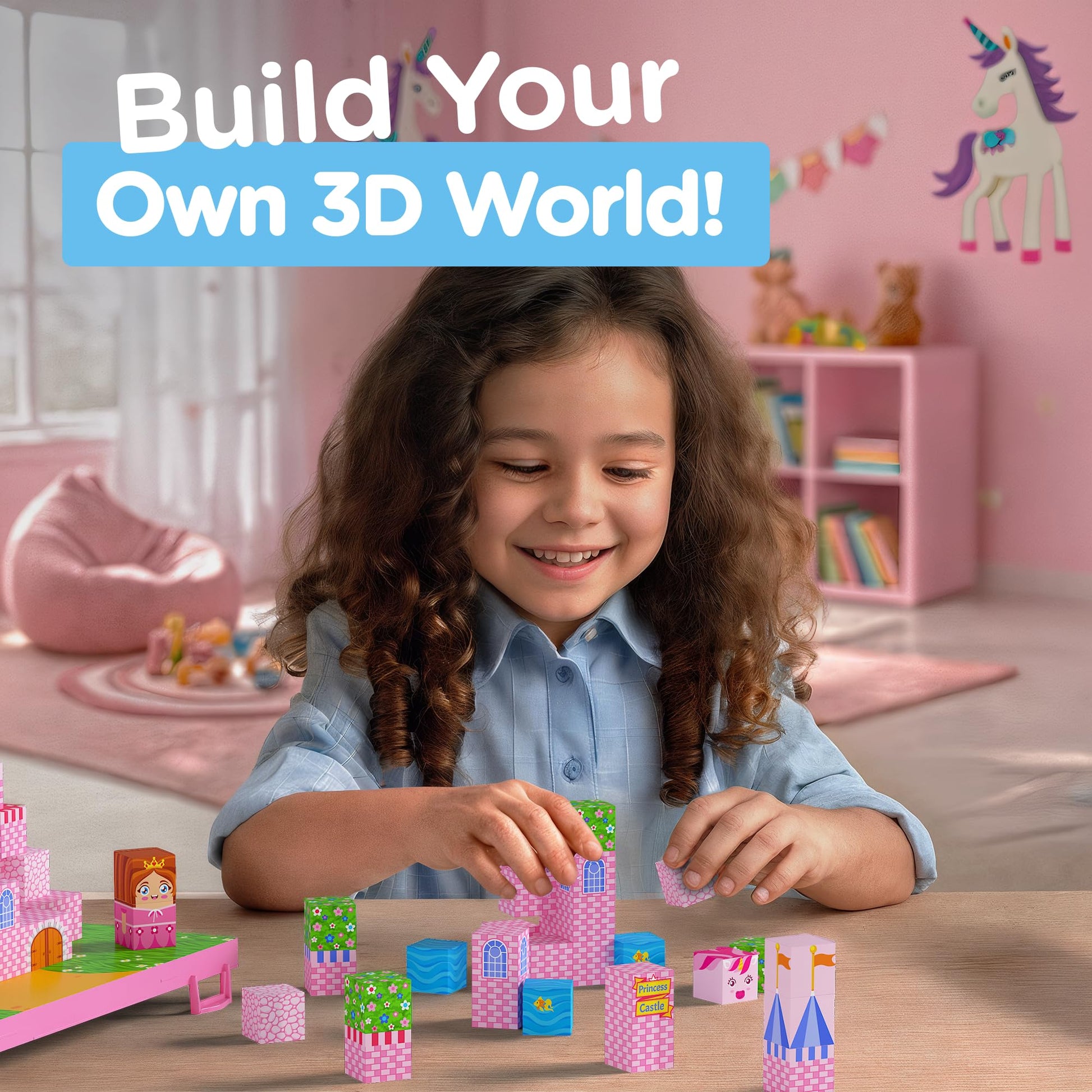 Magnetic Building Blocks for Kids with Magnetic Storage Board - Princess Castle Magnet Cubes Toy Building Set - Gift-Ready 84-Piece Pixy Stacking STEM