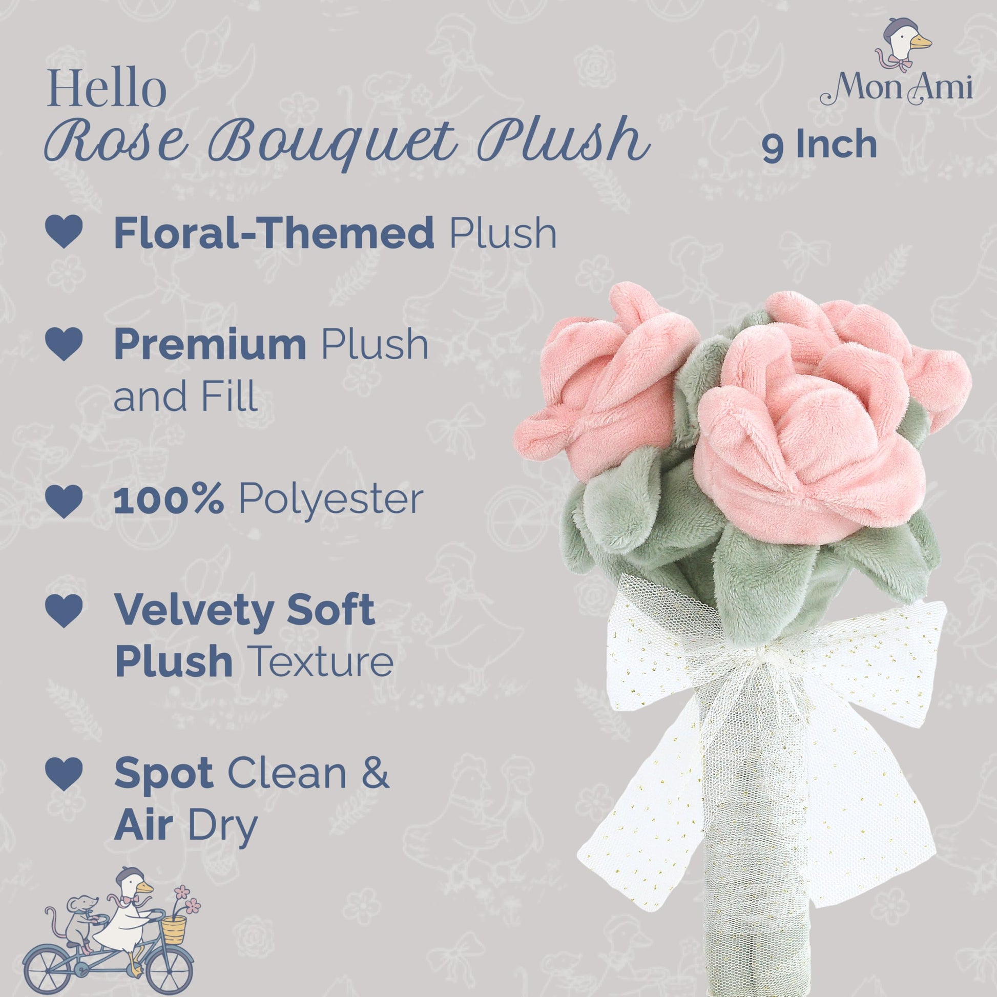 MON AMI Rose Plush Flower Bouquet, 9-Inch Soft Floral Stuffed Toy Gift