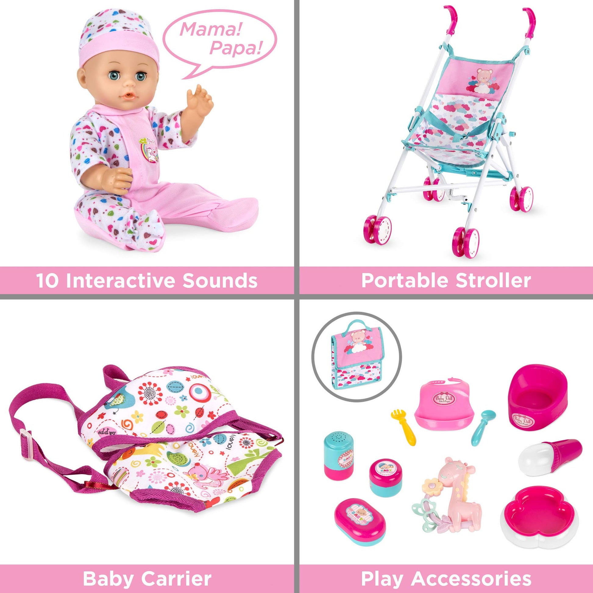 Best Choice Products Kids 15-Piece 13.5in Newborn Baby Doll Nursery Role Play Playset w/Stroller, Travel Cot, Play Mat, Travel Bag, Carrier, Seat