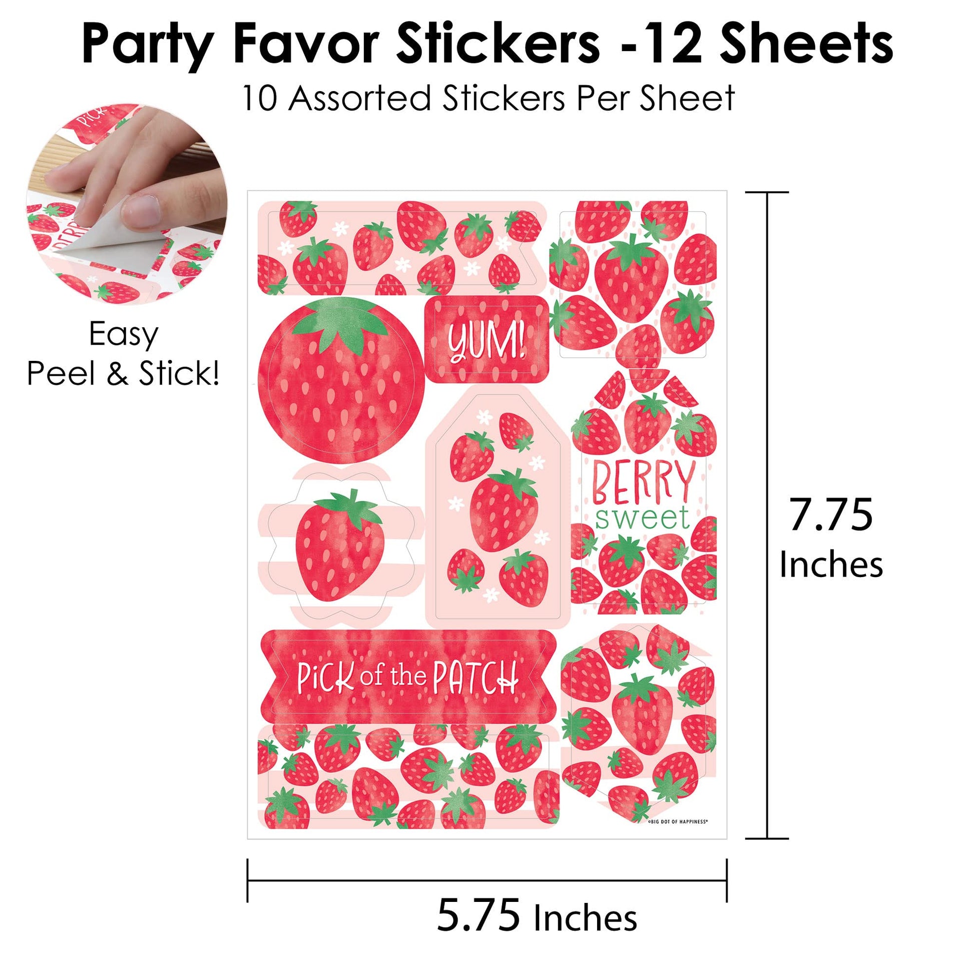 Big Dot of Happiness Berry Sweet Strawberry - Fruit Themed Birthday or Baby Shower Party Favor Sticker Set - 12 Sheets - 120 Stickers