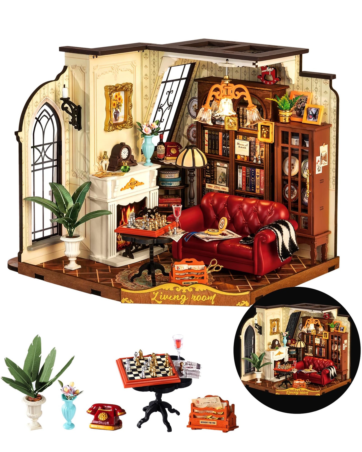 ROBOTIME DIY Miniature House Kit, Mini Dollhouse Kit, Tiny House Kit for Adults, Wooden Furniture Kit with LED, Halloween/Christmas/Birthday Gifts