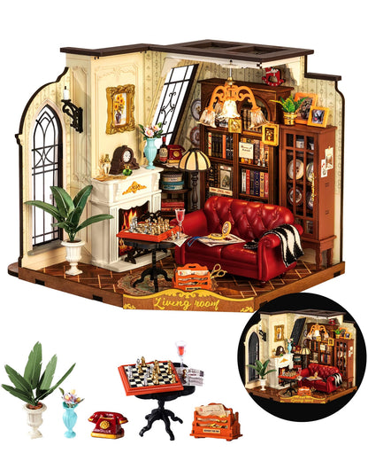 ROBOTIME DIY Miniature House Kit, Mini Dollhouse Kit, Tiny House Kit for Adults, Wooden Furniture Kit with LED, Halloween/Christmas/Birthday Gifts
