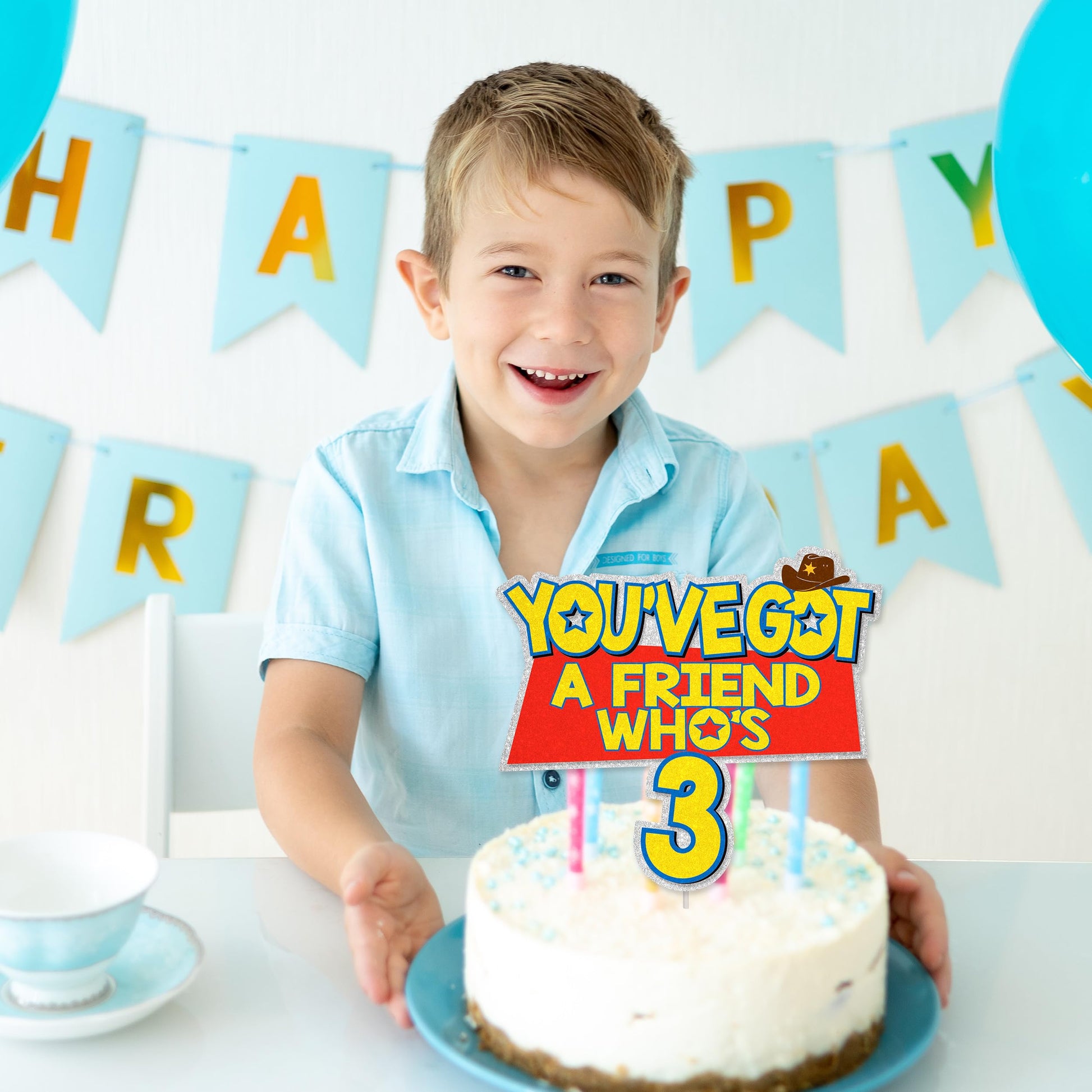 You've Got A Friend Who's 3 Birthday Cake Topper - Glitter Cartoon Story Friend Party Decorations For 3 Years Old Birthday Party Cake Décor