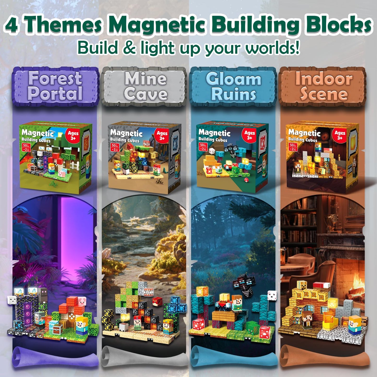 ToyUnited 4-in-1 Magnetic Blocks with 24 Light Up Blocks, 200PCS Magnetic Building Blocks with 8 Base Plates, Screen-Free Magnetic Building Cubes Toy