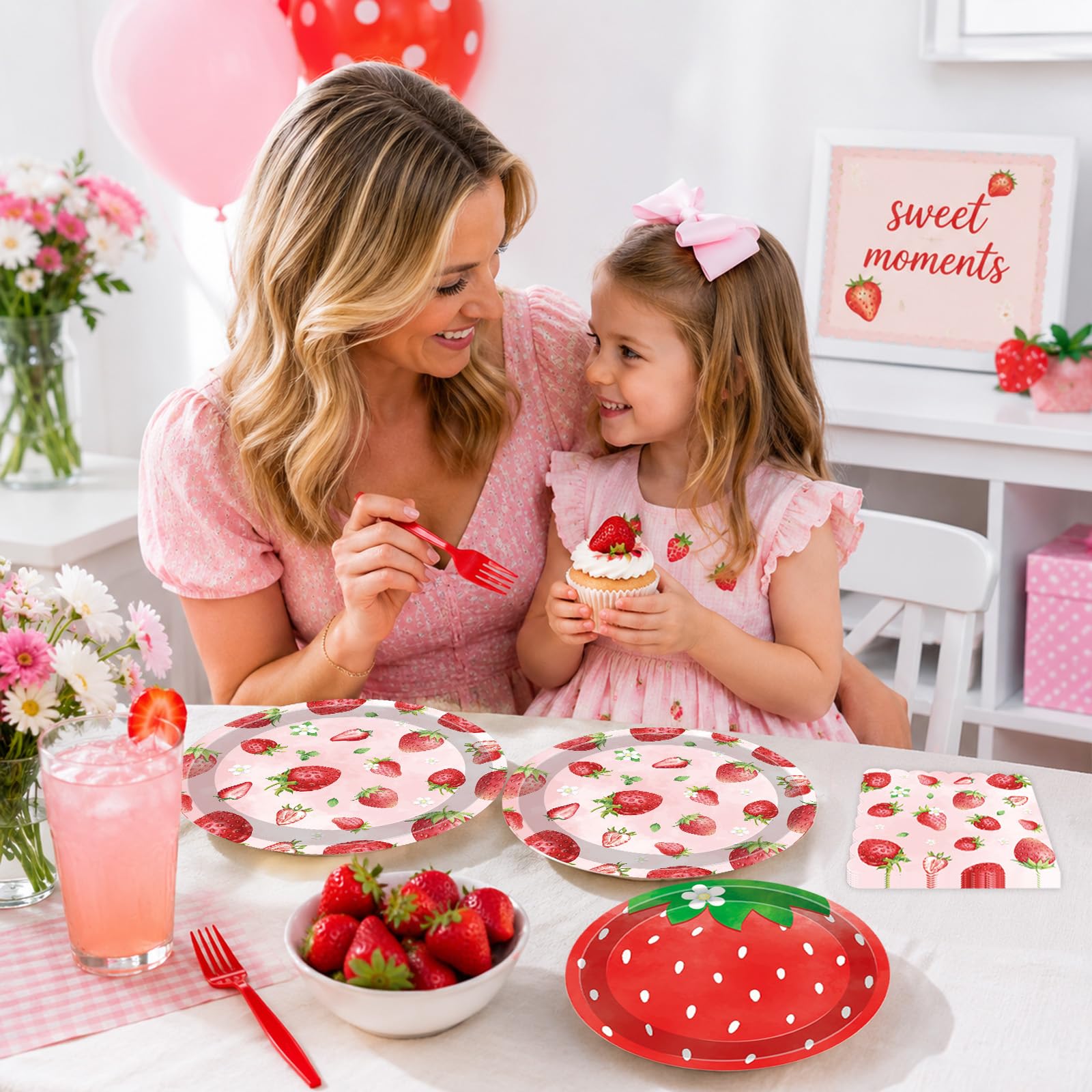 100 Pcs Strawberry Tableware Set Serves 25 - Disposable Paper Plates Napkins Plastic Forks, 9 Inch & 7 Inch Plates Berry Sweet Themed Party Supplies