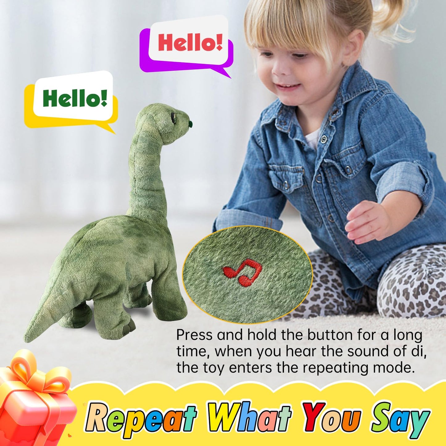 HCdoujoy Green Dinosaur Toys for Girls Walking Nodding, Roaring, Repeating What You Say, Touch & Button Control Eyes Turn Red Realistic Pet, Toy Gift