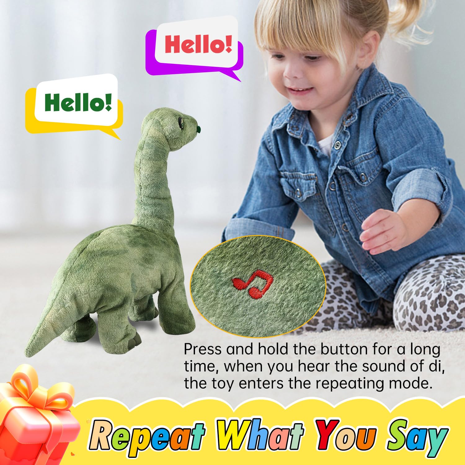 HCdoujoy Green Dinosaur Toys for Girls Walking Nodding, Roaring, Repeating What You Say, Touch & Button Control Eyes Turn Red Realistic Pet, Toy Gift