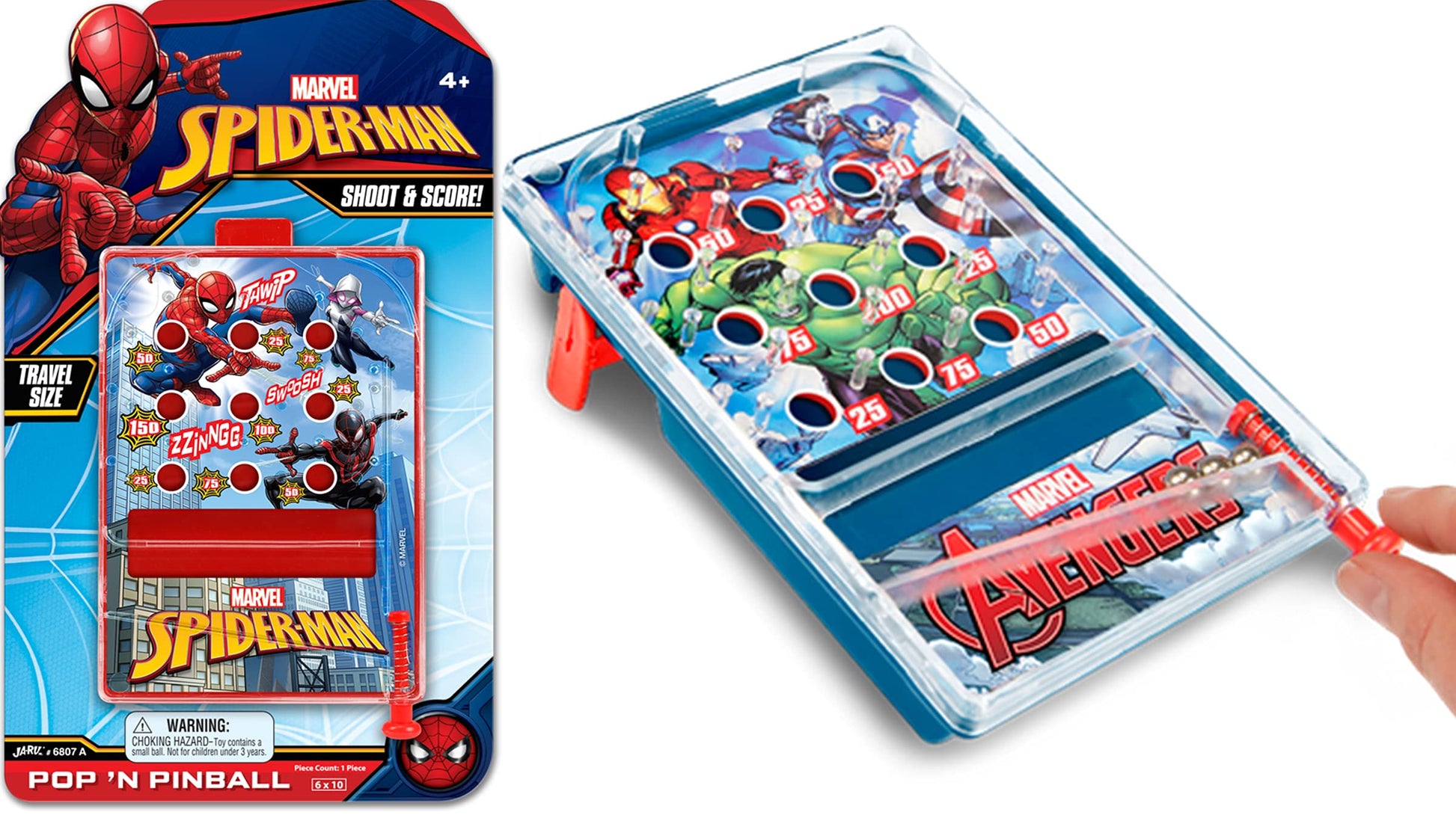 JA-RU Marvel Avengers & Spiderman Pinball Game Toy (1 Unit Assorted) Portable Mini Handheld Game for Kids. Classic Arcade Retro Games. Party Favors