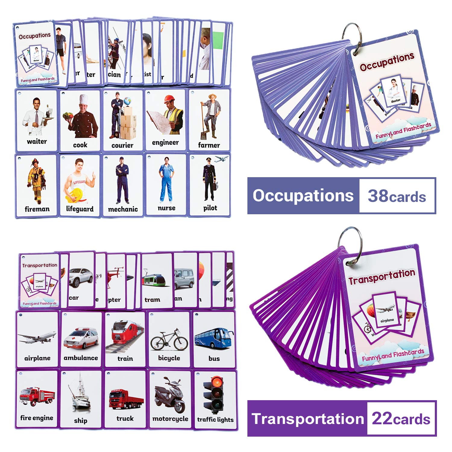 Occupations,Transportation 2 Sets of English Flash Cards Kids Pocket Card Learning Baby Toys for Children Pre-Kindergarten