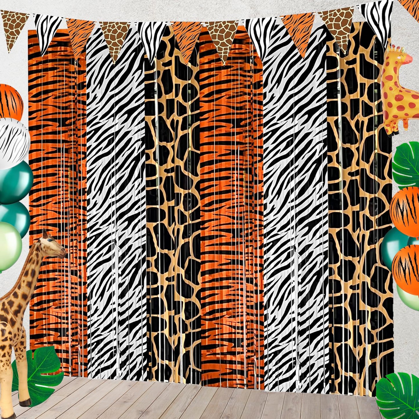 Safari Animal Party Decorations, 2 Pcs Party Animals Birthday Backdrops Tinsel Foil Curtain Streamers for Wild Jungle Animals Baby Shower Birthday