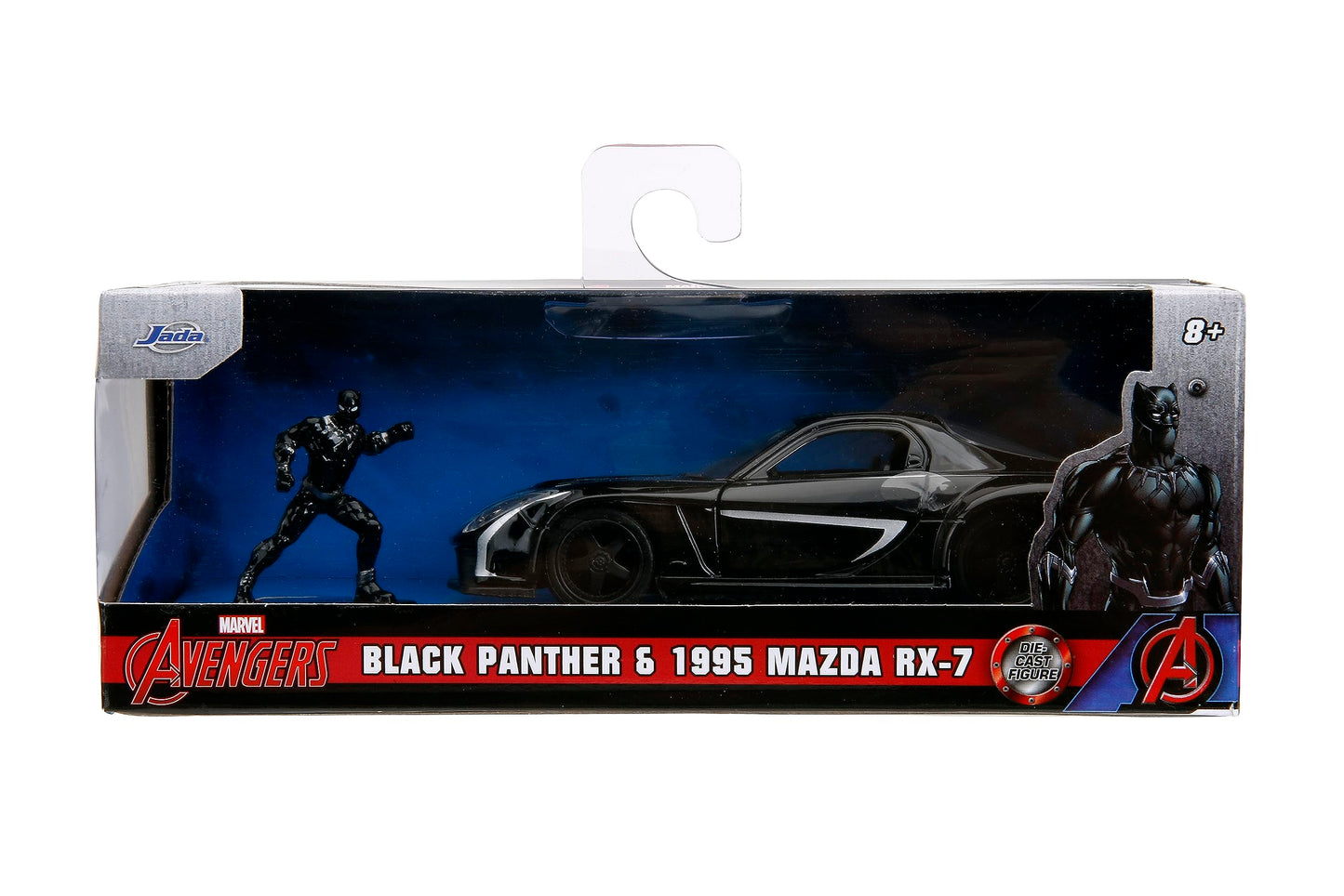 Jada Marvel 1:32 Black Panther 1995 Mazda RX7 Widebody Die-Cast Car & 1.65” Black Panther Figure, Toys for Kids and Adults